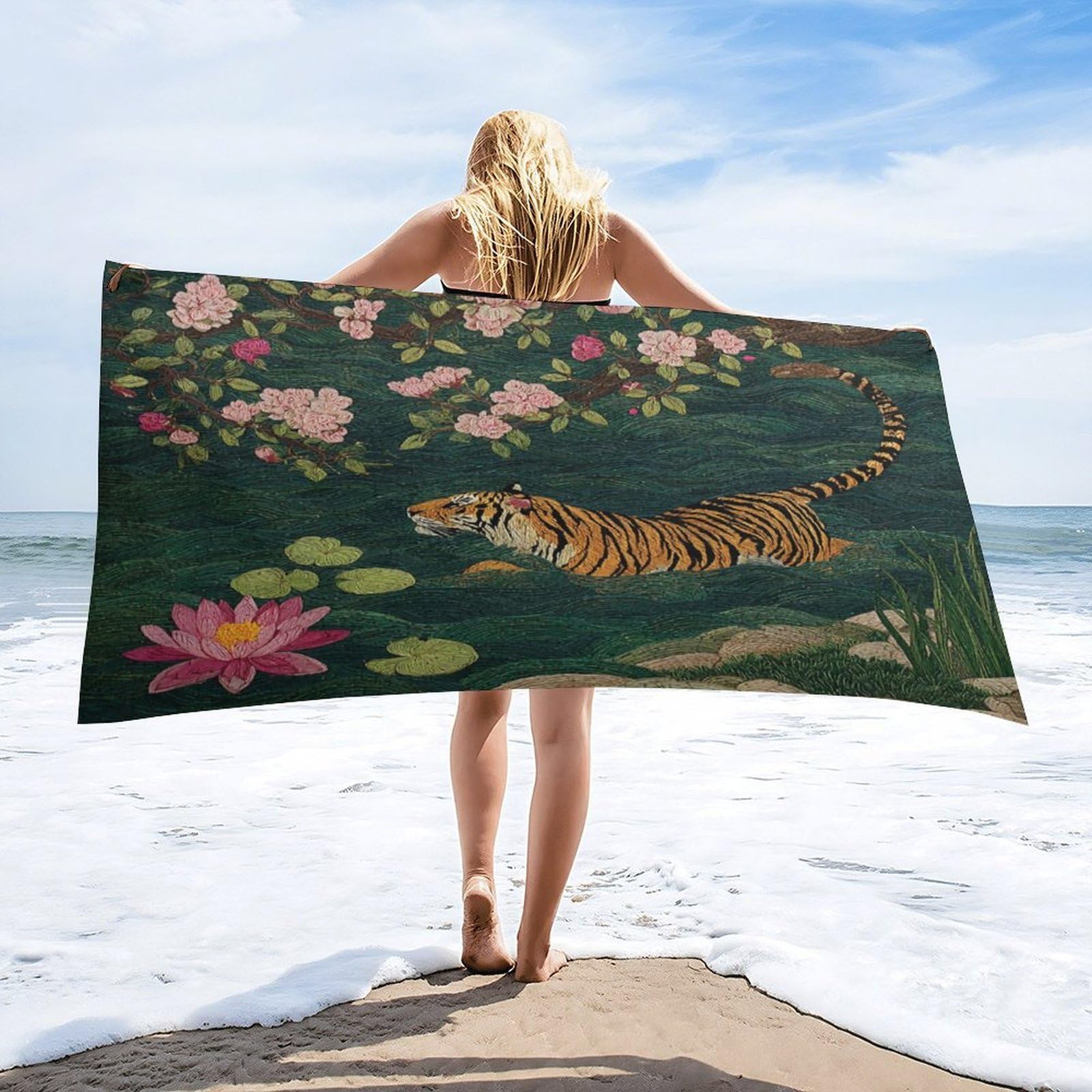Luyysky Elegant Realistic Animal Tiger Quick-Drying Beach Towel, Retro Rustic Japanese Cherry Blossom Lotus Flowers Travel Vacation Single Sided Pile Bathroom Towels-80 W Cm X 160" L Cm