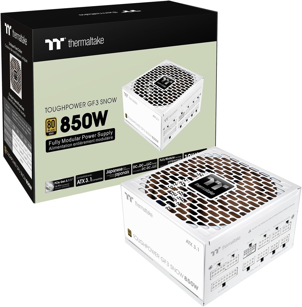 Toughpower GF3 850W; ATX 3.1; Native PCIe 5.1 12V-2x6; Color Matched Connectors; Japanese Main Capacitors; Colored Custom 135mm Fan; 80 Plus Gold Certified; Snow; PS-TPD-0850FNFAGU-S