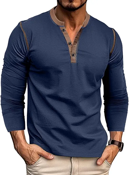 Mens Henley Shirts Long Sleeve Casual Button T-Shirt Classic Basic Cotton Lightweight Stylish Pullover Tees