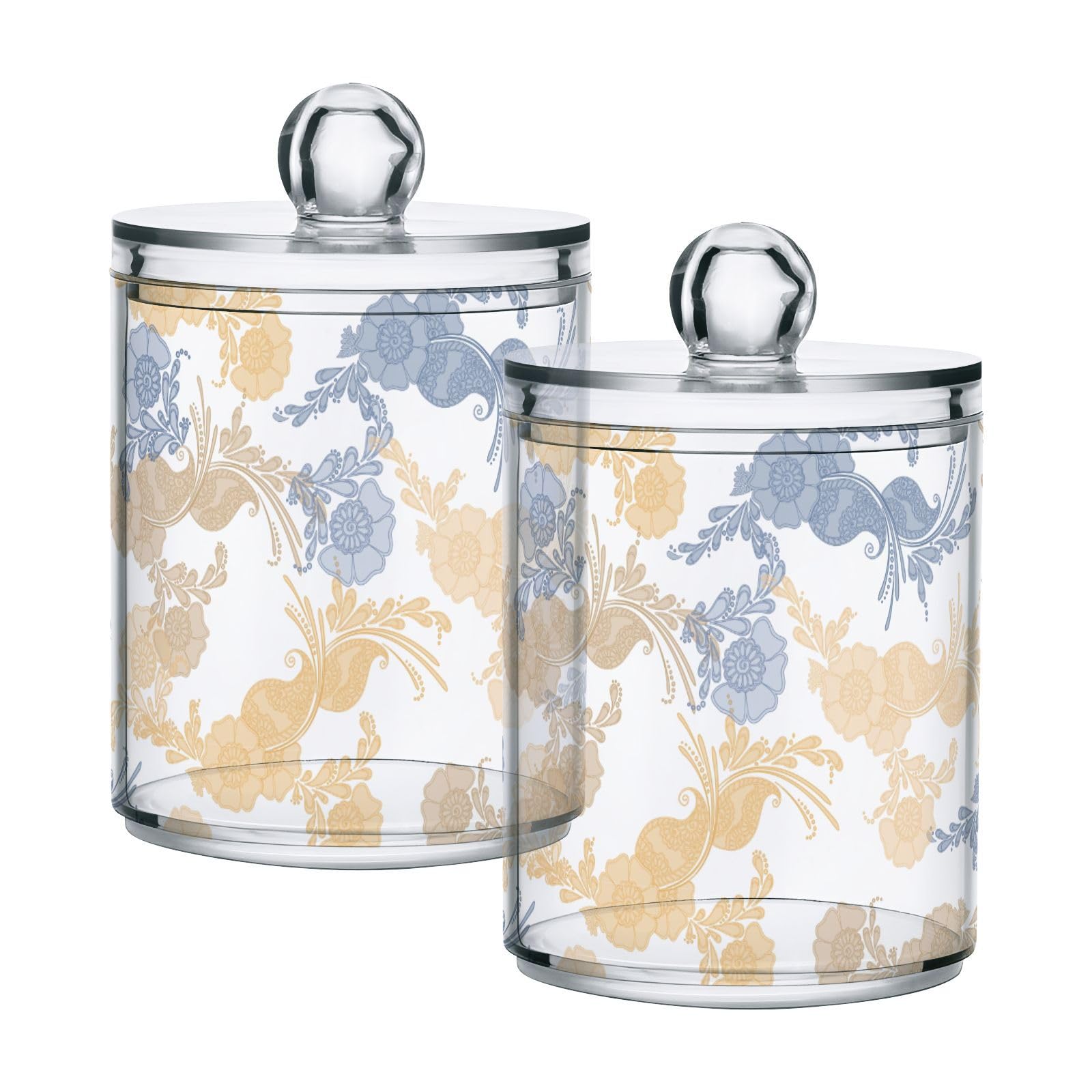 Retro Colorful Flowers Print Restroom Bathroom Organizers with Lid Qtip Holder Dispenser Apothecary Jars Cotton Balls Pads Swabs