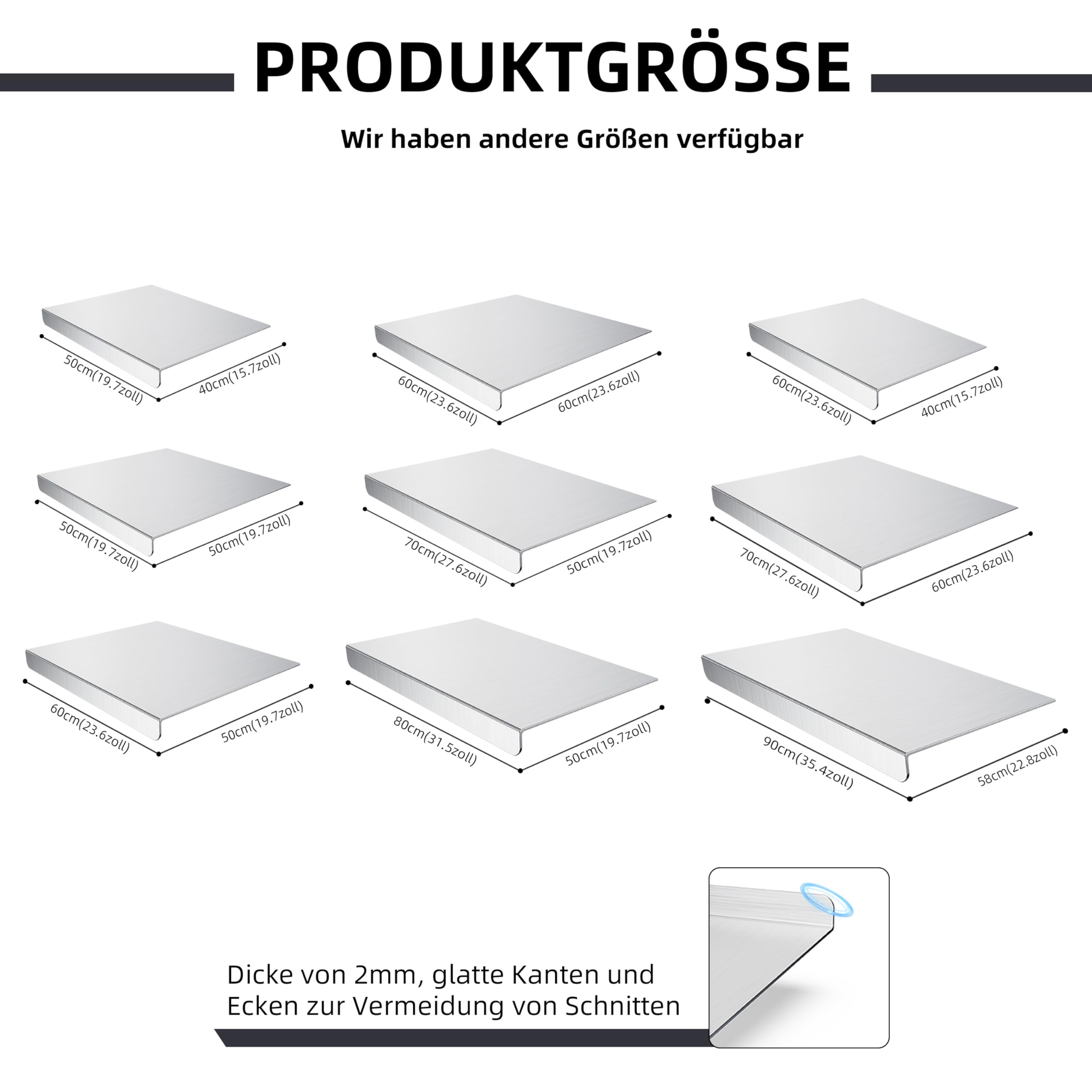 Edelstahl Schneidebrett, Arbeitsplatte Knetbrett Edelstahl Für Kneten & Backen, Küchenplatte, Nudelbrett, Backbrett, Teigbrett mit Anschlagkante, Schneidebretter Metal zum Kneten Küche (50X50cm)