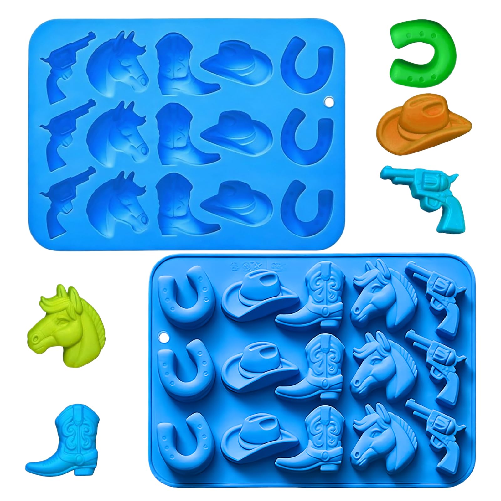2Pcs Silicone Moulds,Cowboy Theme: Hat, Boot & Horse Saddle Chocolate Molds for Baking, Cakesicle, Jello, Ice Cube, Candle Making, Cupcake & Party Decorations