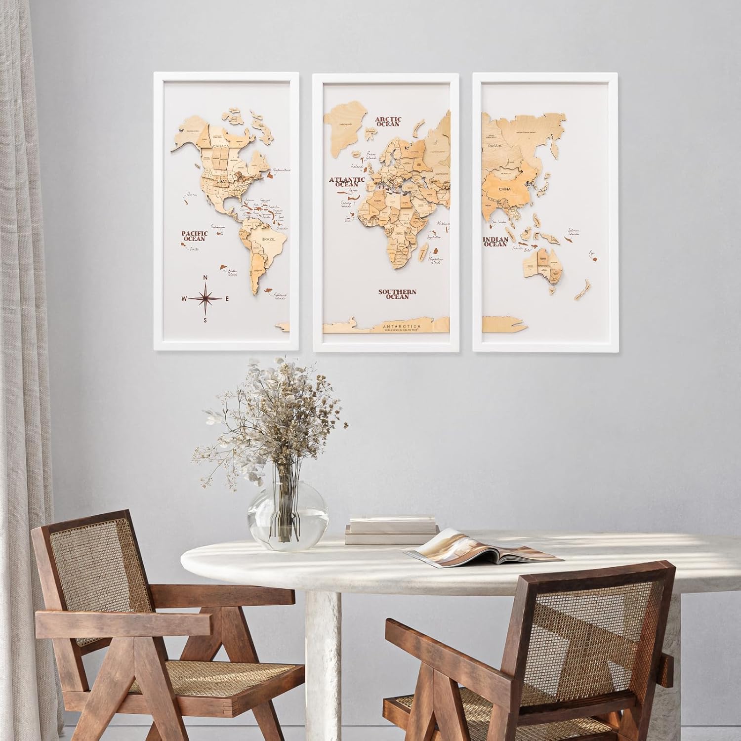 ENJOY THE WOOD Framed World Map Wall Art Wood Travel Decor 3D World Map On Board 3 Panels Wall Rustic Decoration Housewarming Gift (Triptych, Light, Medium)
