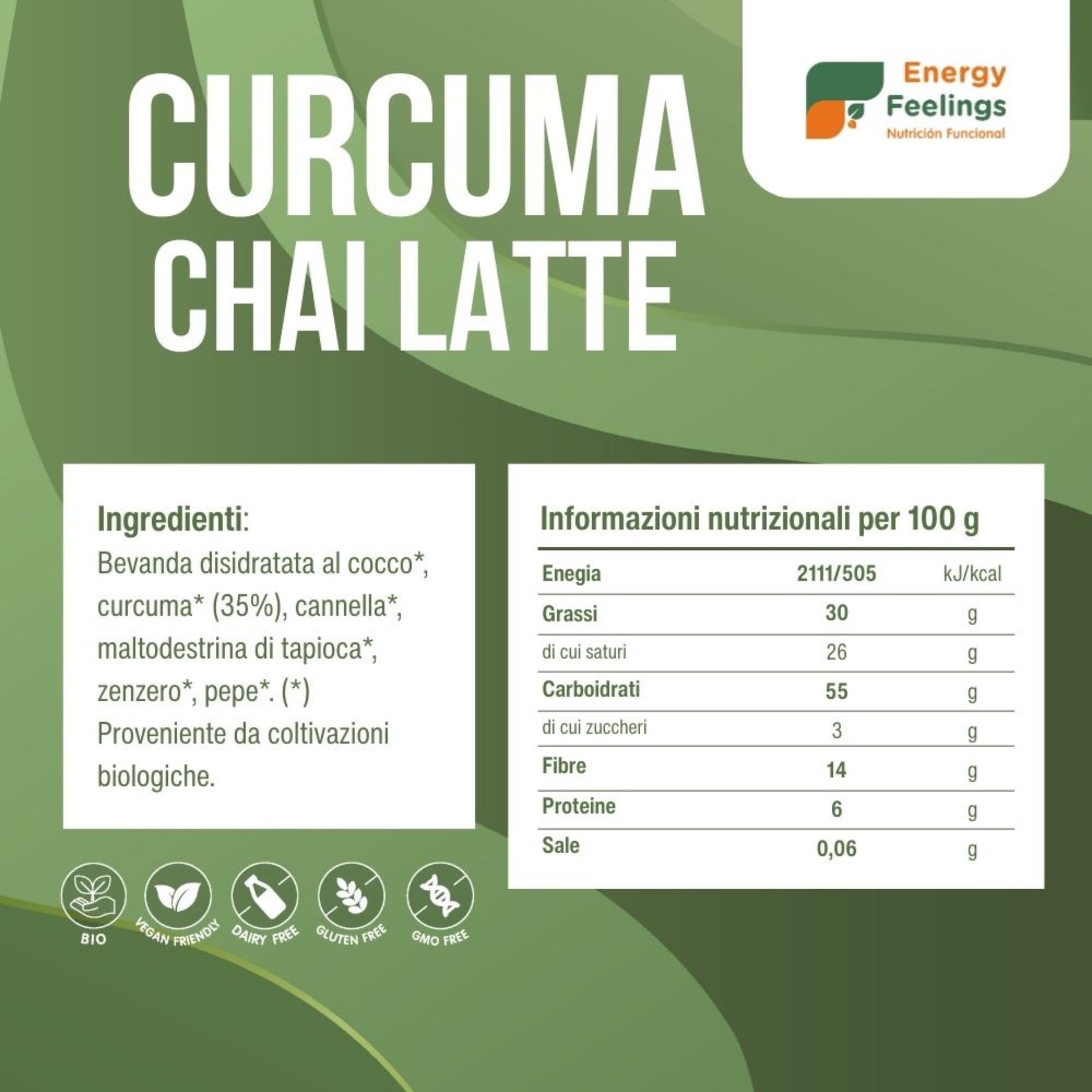 Energy Feelings Curcuma Chai Latte in Polvere BIO 500g,Golden Milk, Latte Dorato. Antiossidante e Antinfiammatorio Naturale. Curcuma con Zenzero Pepe Nero e Cannella, Senza Glutine, Vegano
