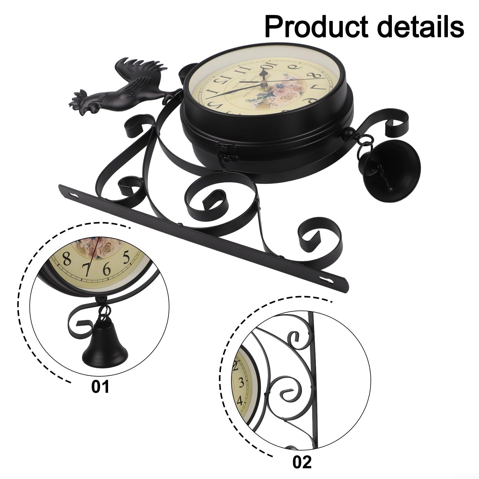 Reloj de pared de doble cara, reloj de estación de hierro negro de 39 cm con movimiento de cuarzo silencioso, números grandes para decoración del hogar y sala de estar