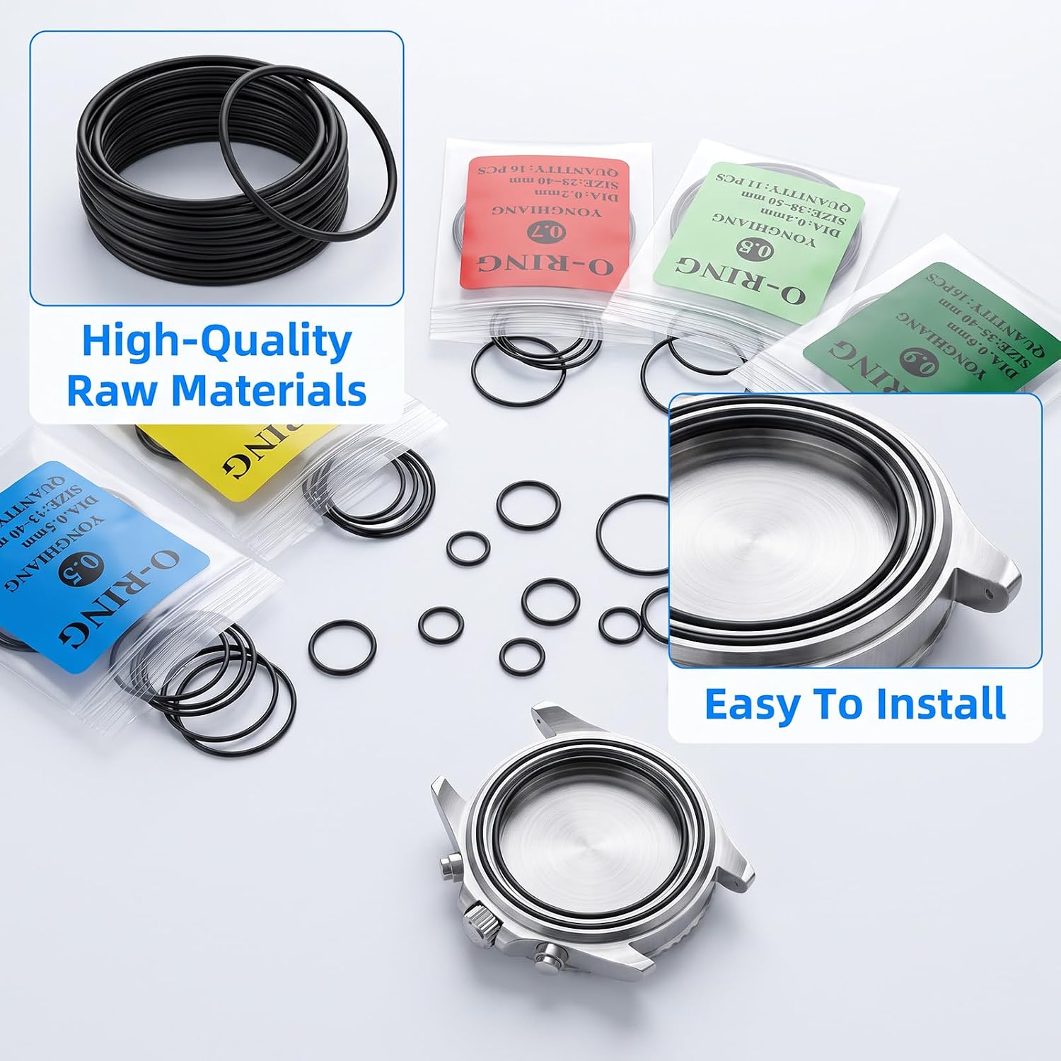 90Pcs O Ring Watch Gasket Kit, 0.5/0.6/0.7/0.8 mm Rubber Watch Washers