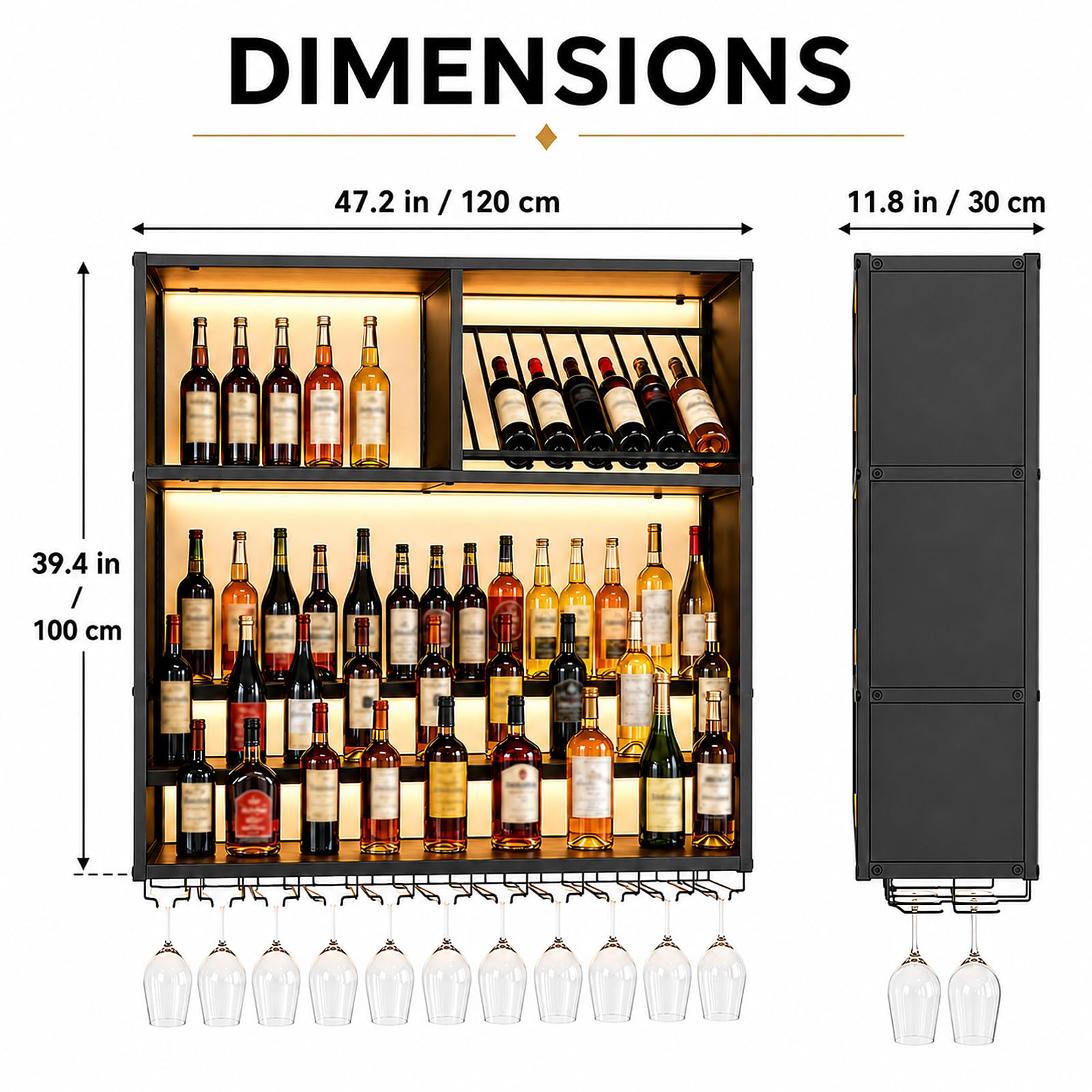 120cm Portabottiglie Vino da Parete con LED, Portacalici e Ripiani