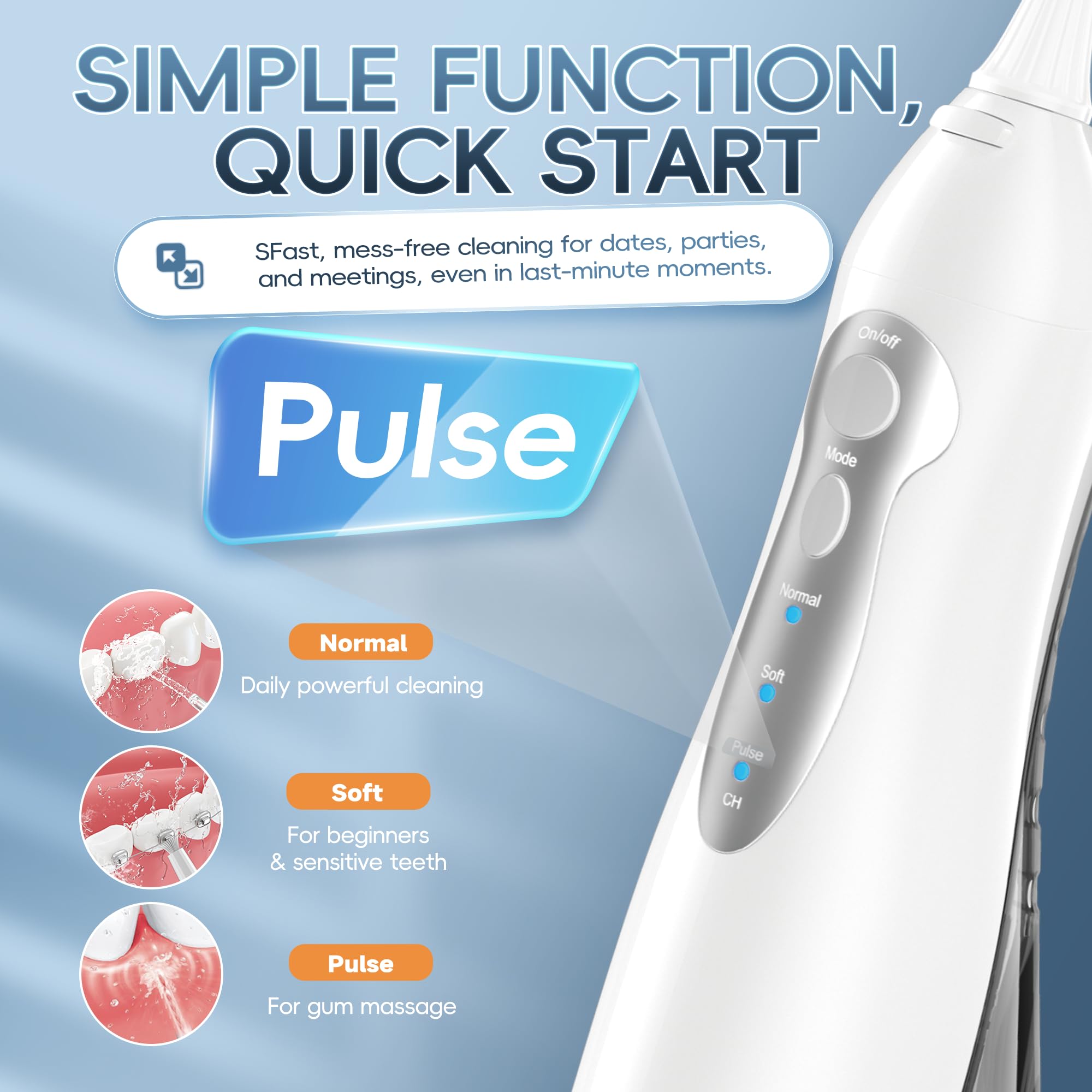 Mornwell Idropulsore wireless per la pulizia dei denti, filo interdentale, irrigatore orale, 3 modalità, 4 ugelli spray, IPX7, pulizia 300 ml, ricaricabile tramite USB (bianco B)