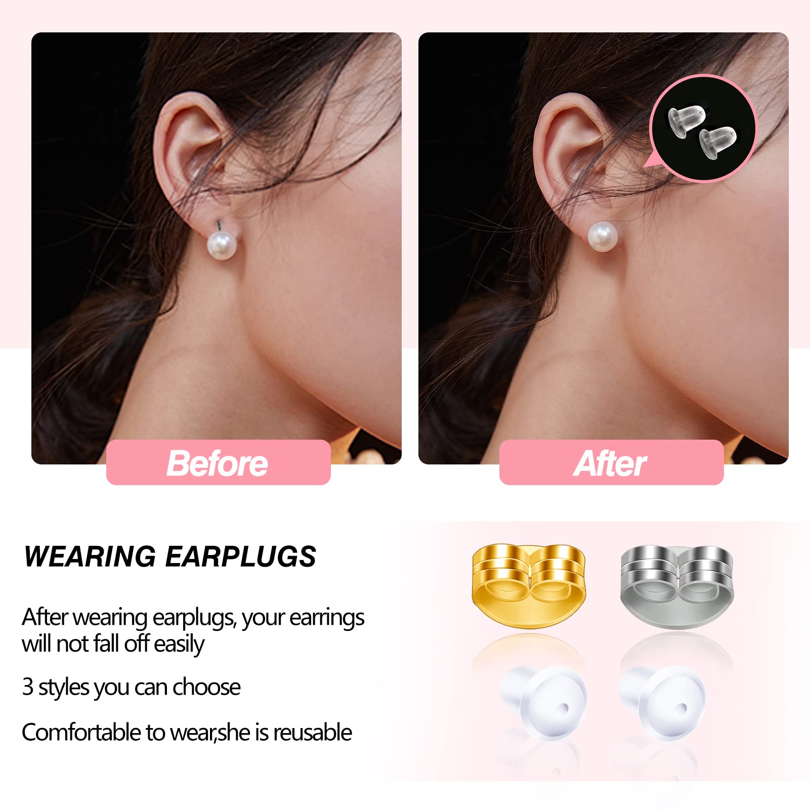 TOAOB Pack of 40 Silver Stainless Steel Stud Earrings 16 mm with Rings and 40 Pieces Stainless Steel Ear Plugs 20 Pieces Clear Ear Stoppers for DIY Earring Making - Image 4