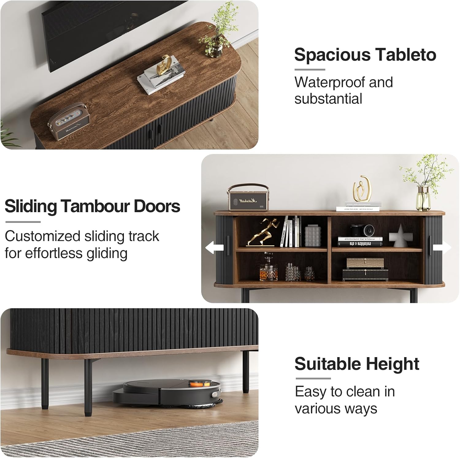 47''W Black Cabinet with Storage, Media Console, Tambour TV Stand, Television Stands with Curvy Edge; Sliding Door, Fluted Cabinet, Buffet Sideboard, Credenza, Table Stand for Living Room, Kitchen - Image 8