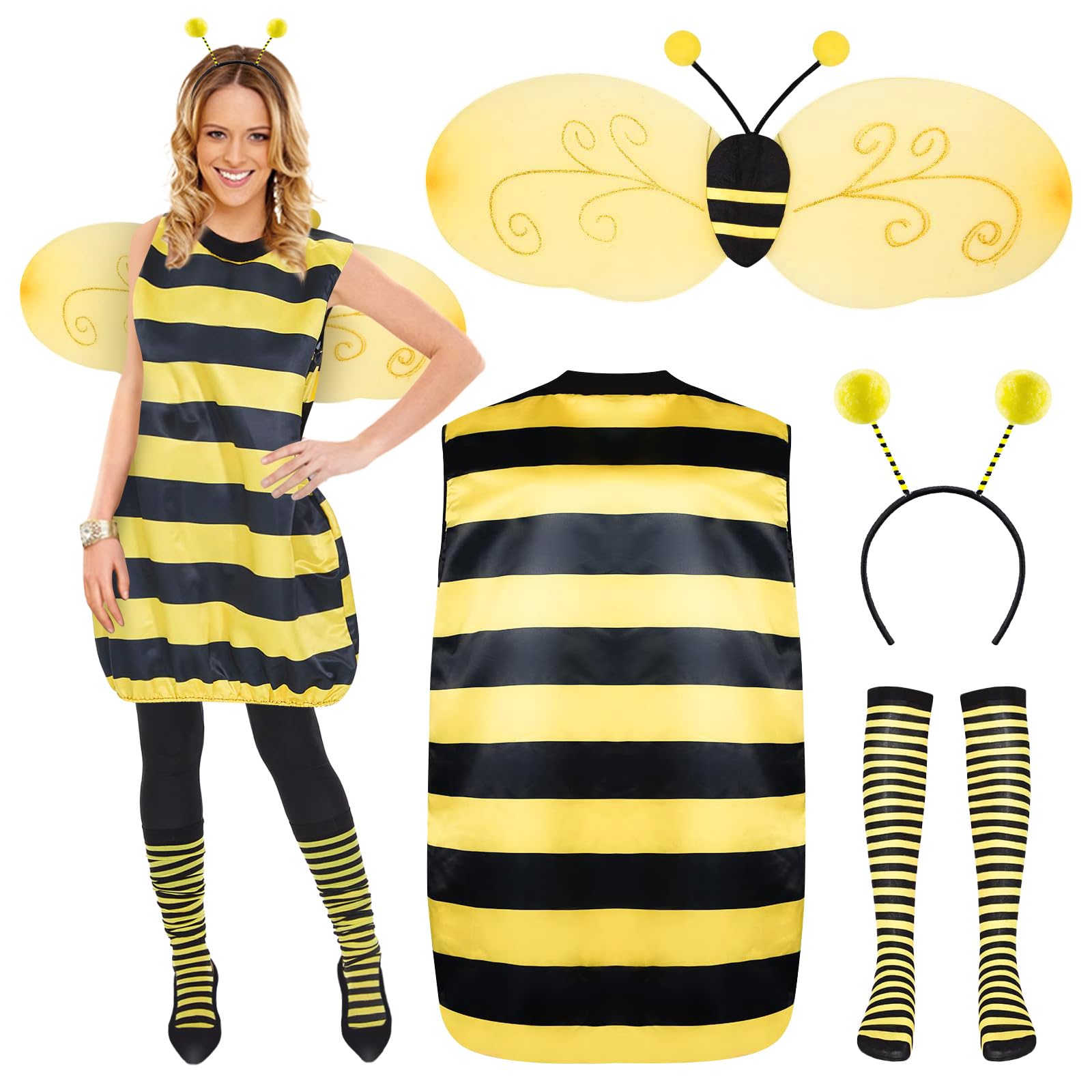 YQBFB Disfraz de Abeja para Mujer Adulto: Disfraz Abeja Mujer de Carnaval con Alas Diadema y Medias a Juego - Ideal para Halloween Cosplay y Fiestas a Tema