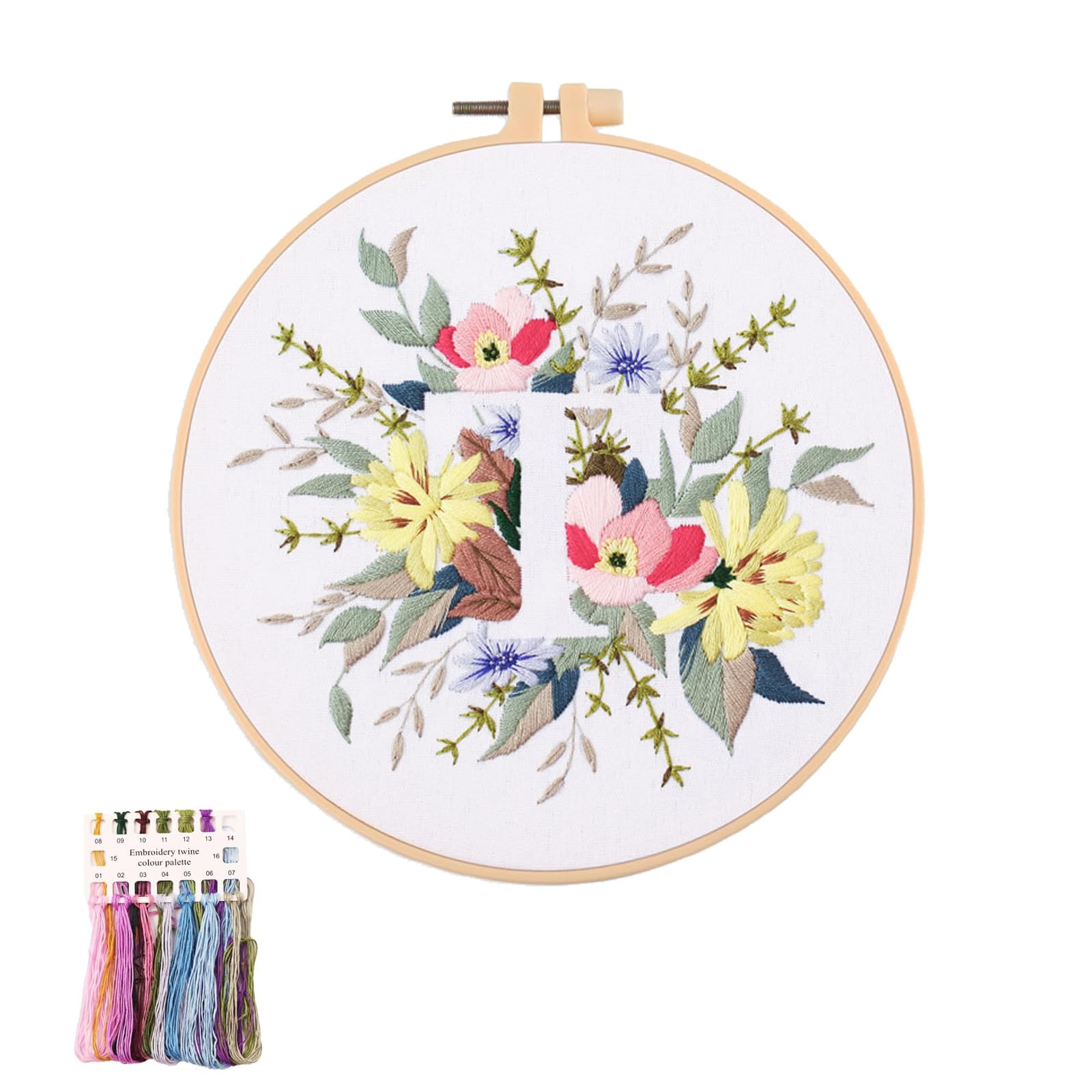 artcici Embroidery Kits Plant Flower Leaf English Letter Patterns for Beginners Adults, Full Range Embroidery Starter Kits Cross Stitch Needlework Supplies (Letter T)