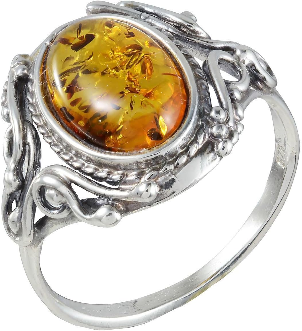 HolidayGiftShops Baltic Honey Amber Ring for Women in 925 Sterling Silver, Genuine Natural Amber Jewelry, Elegant Everyday Ring