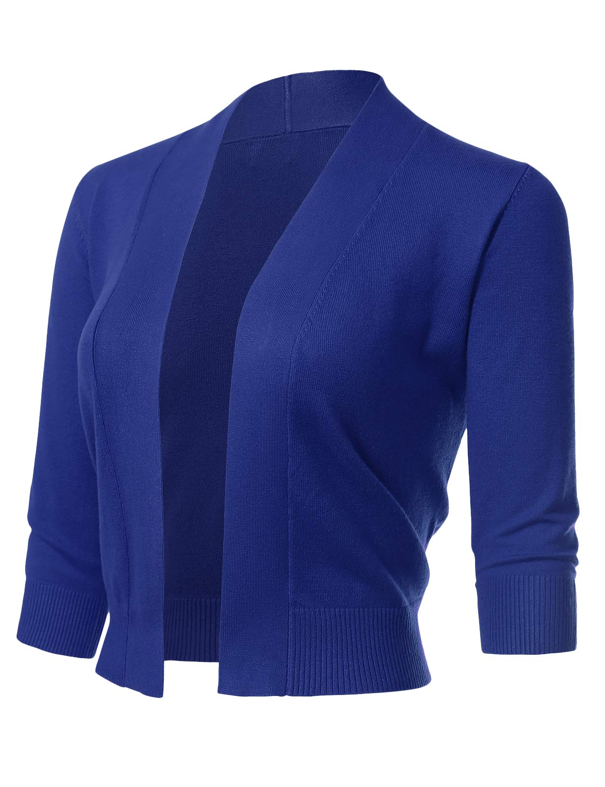 Women's 3/4 Sleeve Open Front Cropped Cardigan - Lightweight, Ribbed Hem, S-3XL, Royal Blue - View #8