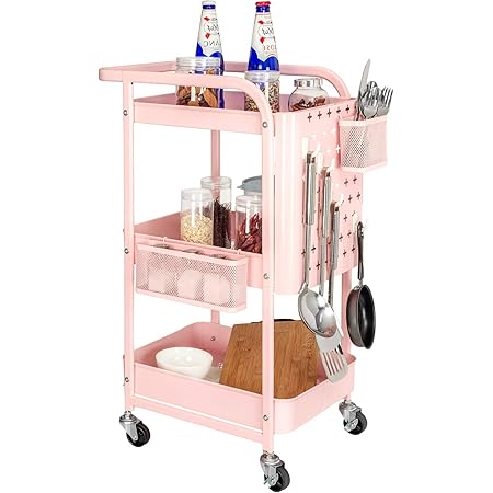 Amazon Elecwish キッチンワゴン バスケット トローリー キャスター付き 3段ワゴン キッチンラック 調味料ワゴン オフィス収納 落下防止フレーム フック付き 収納ワゴン 移動式ワゴン 隙間収納 おしゃれ 整理棚 耐荷重 組立簡単 ピンク キッチンワゴン 収納カート