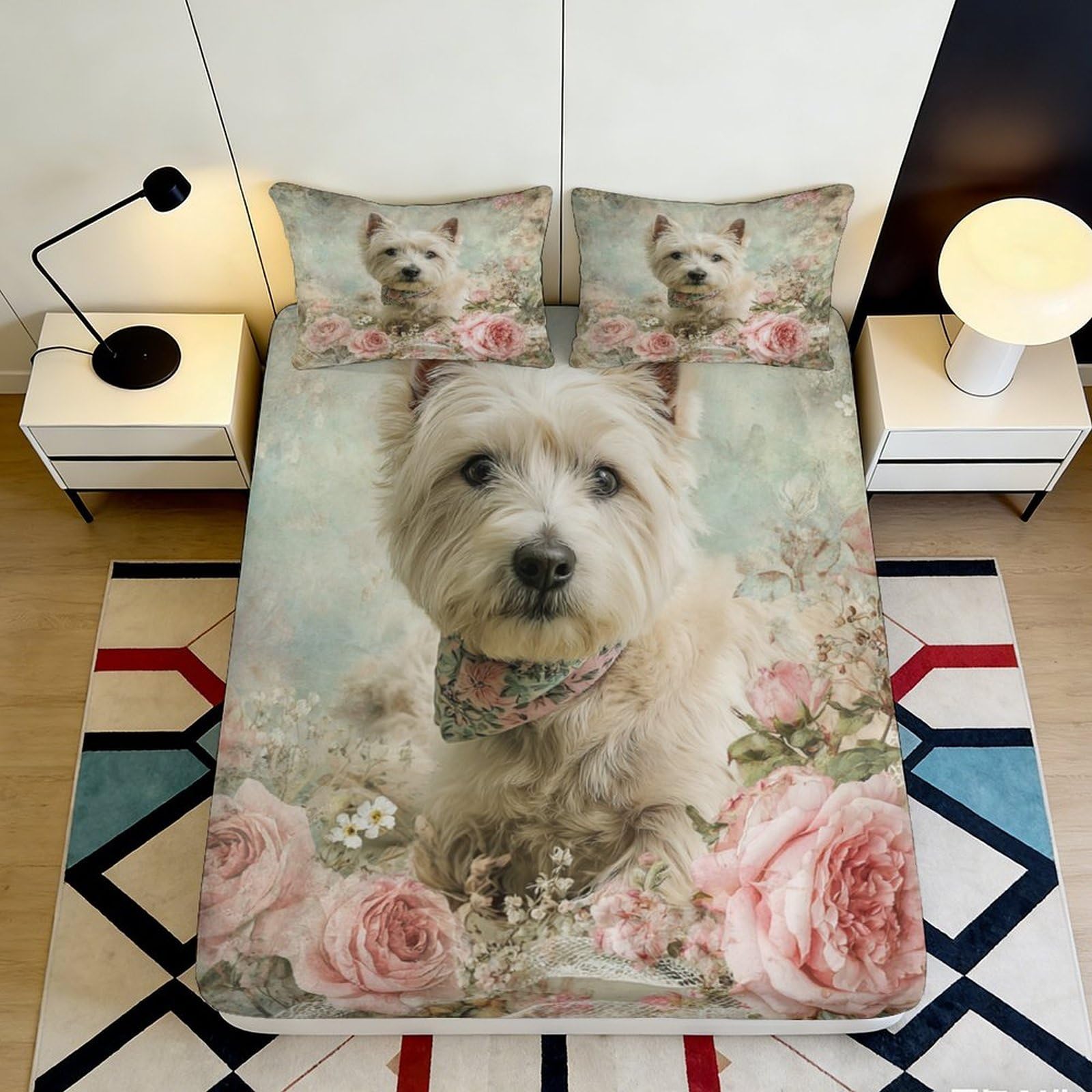 3D Printed Westie Floral Fitted Sheet Microfiber Soft Bedroom Decor Dog Pattern Mattress Cover for Home Dorm 90x200x25cm