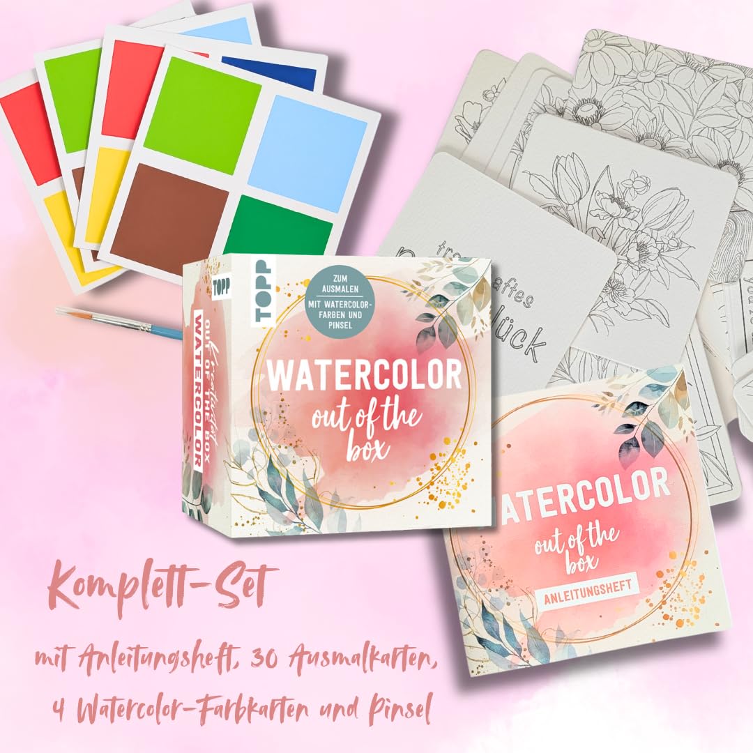Kreativität out of the Box: Watercolor: Anleitungsheft, 30 Ausmalkarten, 2 Farbkarten und 1 Pinsel