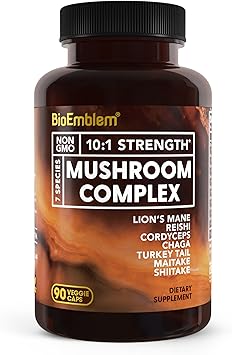 BioEmblem Mushroom Complex - 101 Strength and 7 Species - Lions Mane, Reishi, Cordyceps, Chaga, Maitake, Shiitake Mushroom Supplement - Immunity, Energy & Focus, Brain - Non-GMO, Vegan - 90 Caps