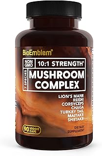 BioEmblem Mushroom Complex - 10:1 Strength and 7 Species - Lions Mane, Reishi, Cordyceps, Chaga, Maitake, Shiitake Mushroom Supplement - Immunity, Energy & Focus, Brain - Non-GMO, Vegan - 90 Caps