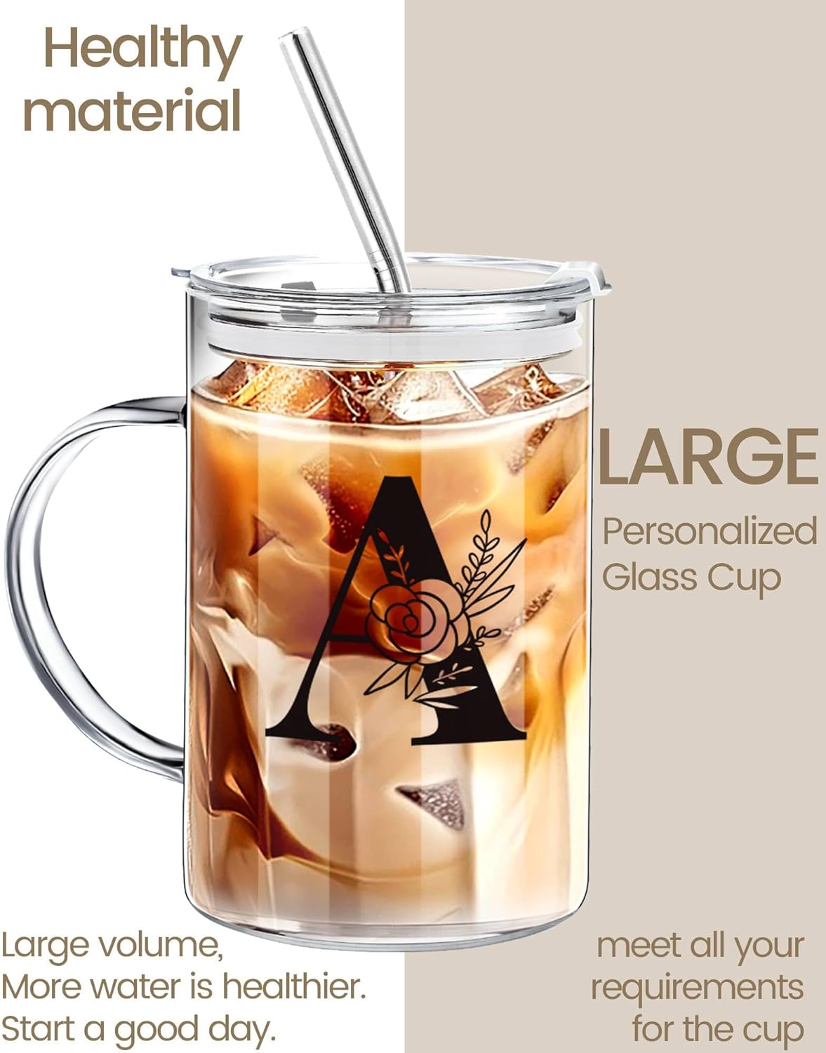 Initial Extra Large Glass Drinking Cup With Lid Straw Boss Gifts For Women Cute Customized Mug Gift For Her Iced Glass Tumbler Cup Retirement Gift Must Haves For Women Apartment Essentials - Image 5