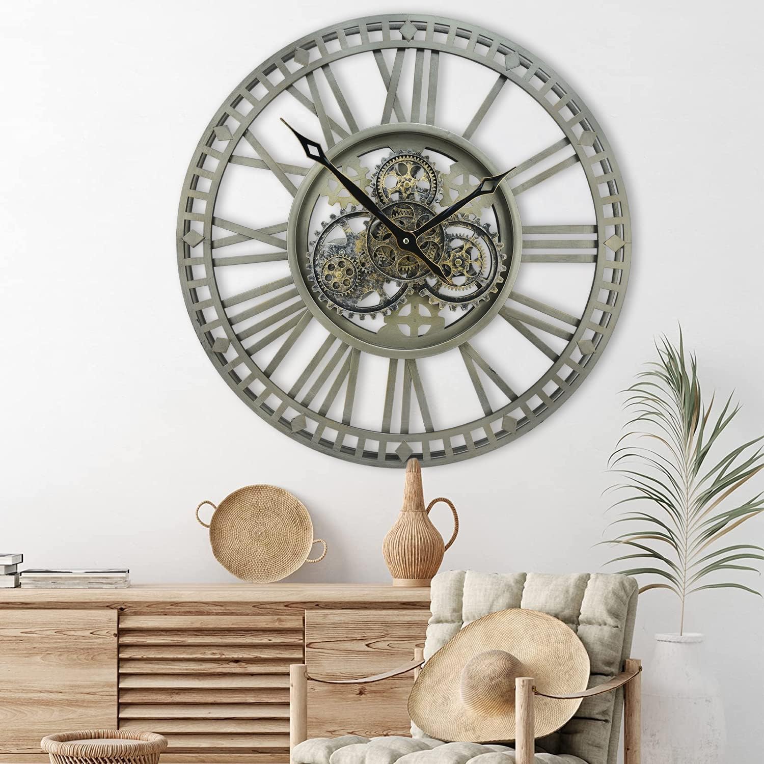 Wanduhr Zahnrad Beweglich, Steampunk Wanduhr XXL, Wall Clock Römische Zahlen Antike Metall Uhr, Retro Industrielle Dekorative für Küche Wohnzimmer Bar Büro, 60cm