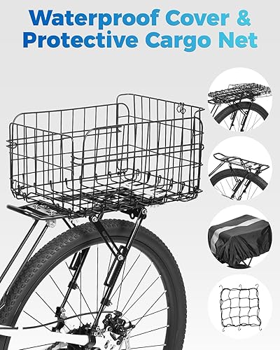 Miniatura 9 de Rear Bike Rack with Basket- Bicycle Cargo Rack with Waterproof Cover, Liner and Cargo Net, Bike Storage Basket for 26" - 29" and 700c Bikes