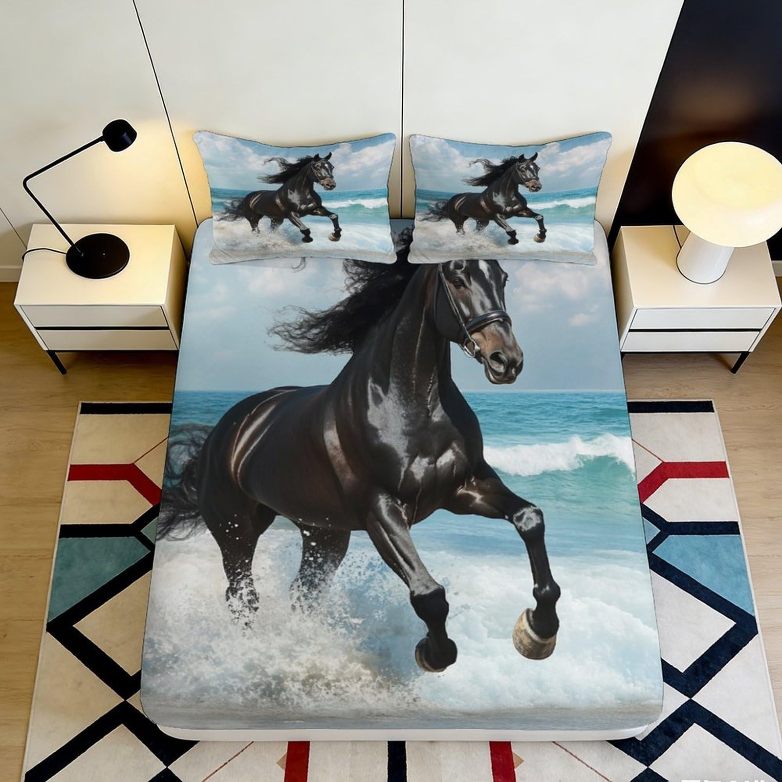 Uxinyoume Style-10 3D Printed Black Running Horse Fitted Sheet Microfiber Soft Bed Cover For Bedroom Dorm Mattress Protection Decor 90X200x25cm