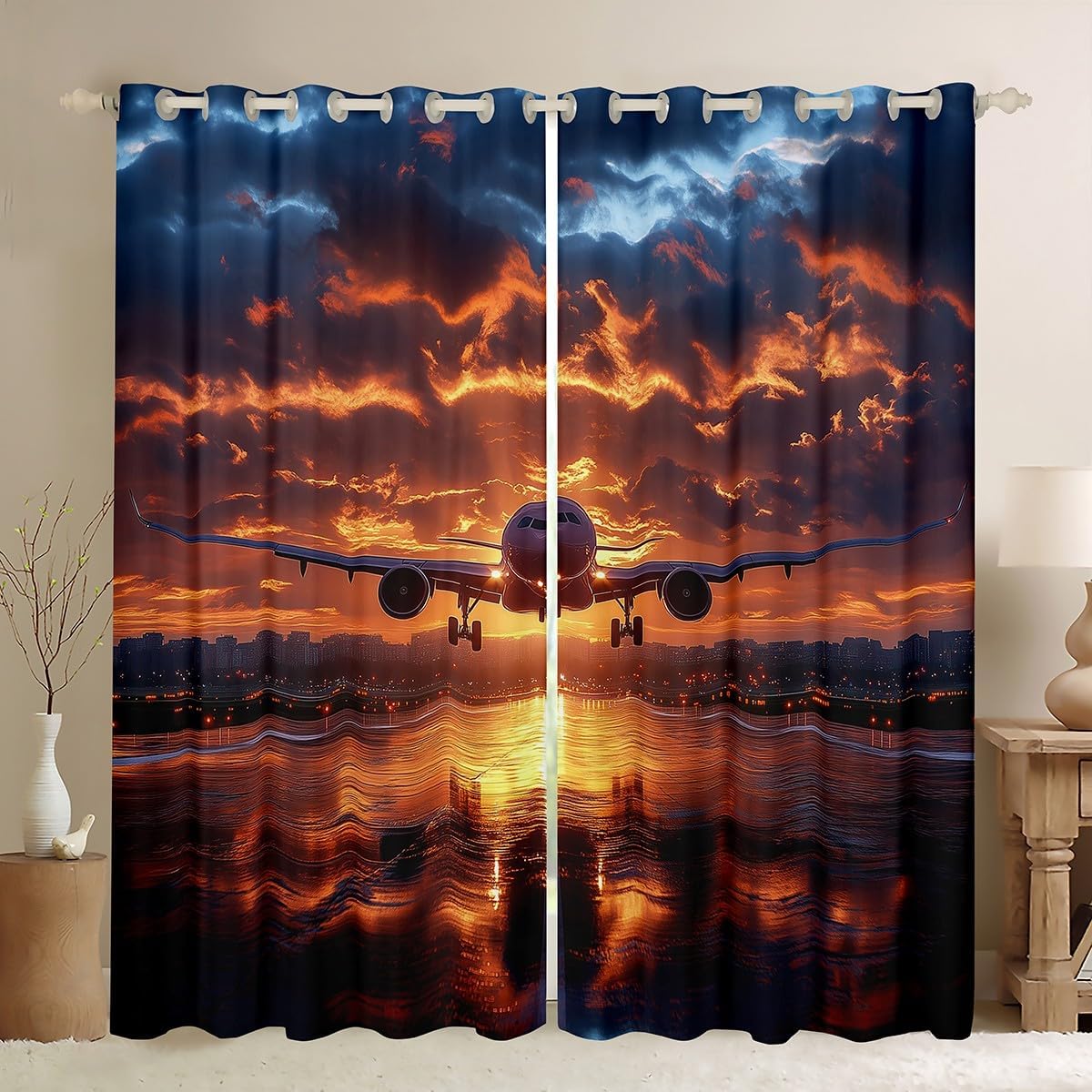 Airplane Kids Window Curtains,Aviation Plane Aircraft Modern Fashion Window Drapes for Boys Girls,Airport Sunset Clouds Sky Orange Window Treatments Grommet Top 2 Panel Set,42Wx90L inch