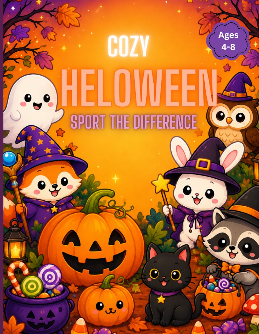 Cozy Halloween Sport the Difference for Ages 4-8: Find 5 Differences in 50 Cute Halloween Puzzles with Ghosts, Pumpkins, Witches, Bats & Forest Friends
