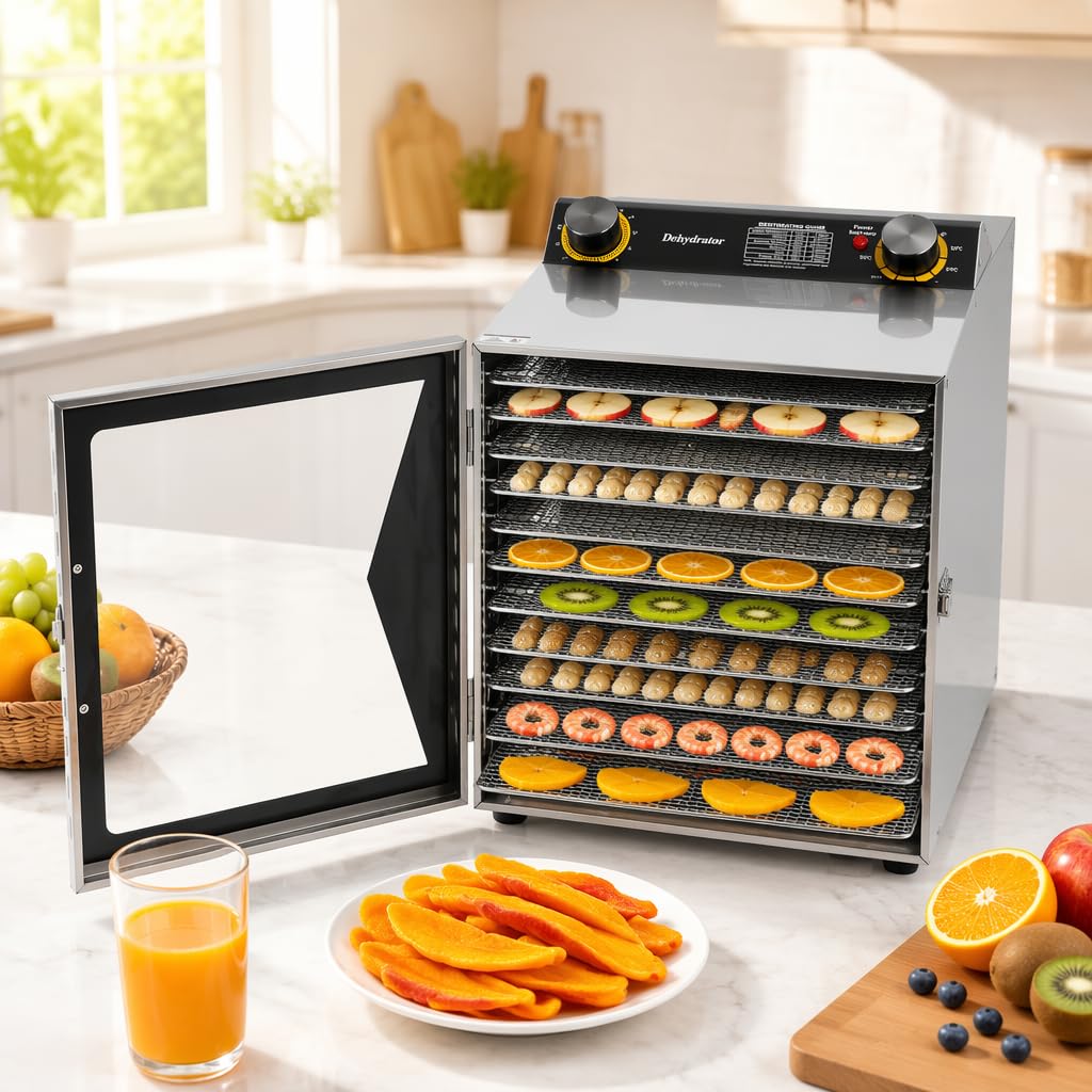 Liofilizzatore in acciaio inox – Essiccatore per alimenti, timer e controllo della temperatura regolabili, per frutta, verdura, carne, erbe aromatiche (12 vassoi)