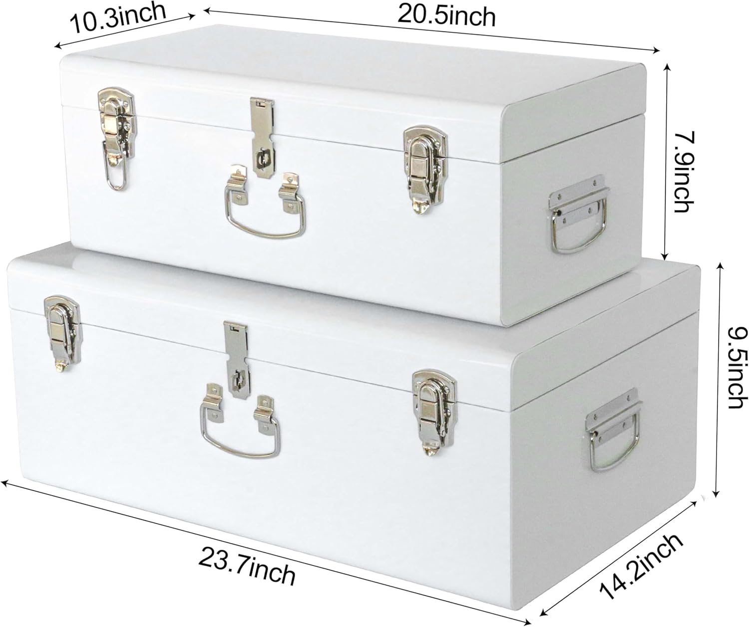 vixdonos decorative large metal box storage trunk chest set of 2 college dorm organizer with hardware hasps and handle for home deocr,23.7x14.2x9.5 inches white with silver latches