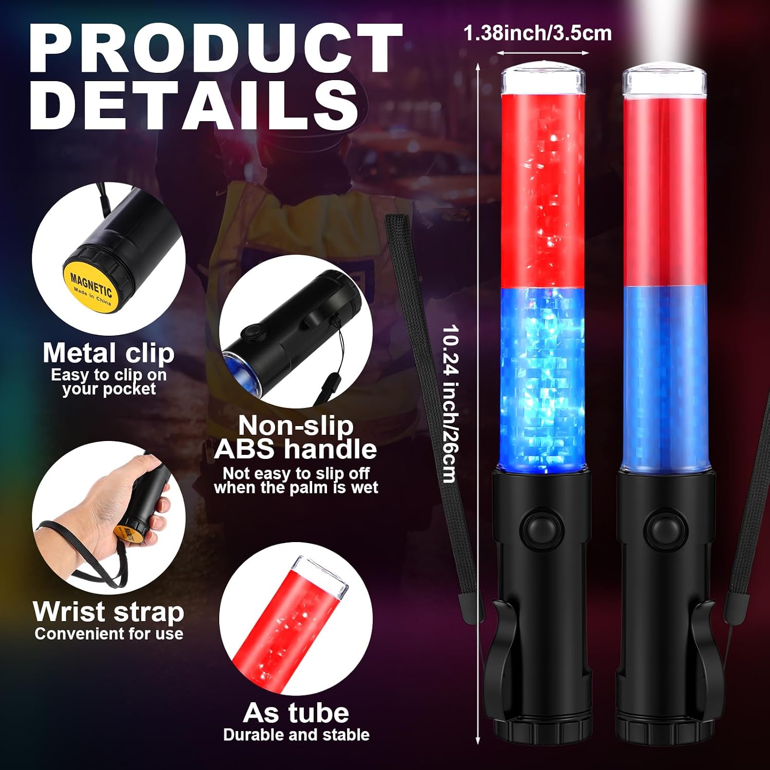 Weewooday 2 Pack 11 Inch Traffic Wand, LED Signal Safety Air Traffic Control Wands with Flashlight Baton with 3 Flashing Modes, Wand for Parking Guides, Aircraft, Car Directing(Red and Blue)
