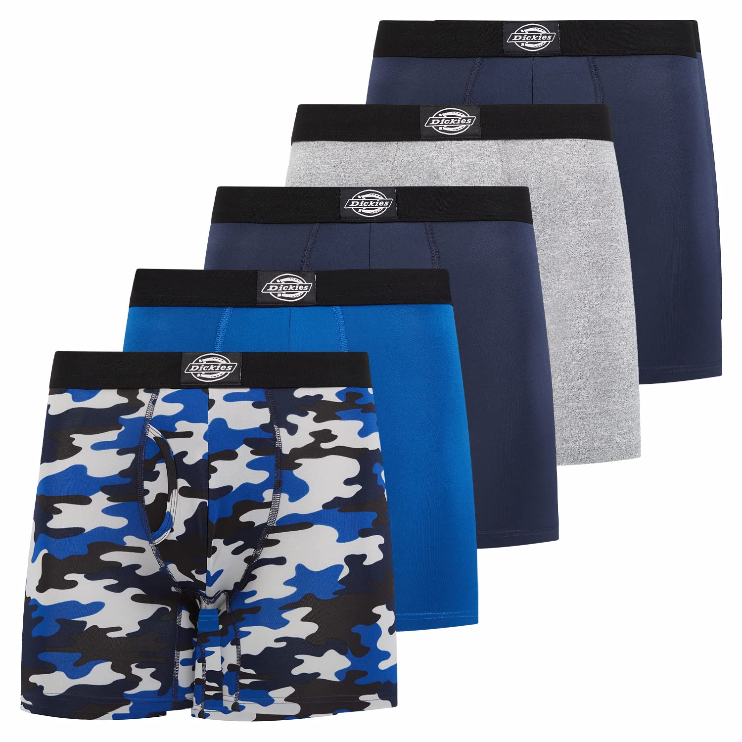 Dickies 5 Pack Mens Boxer Briefs With Pouch, Moisture Wicking Performance Underwear For Men, Blue Camo, Navy Blazer, Heather Grey, True Blue, Navy Blazer, Large