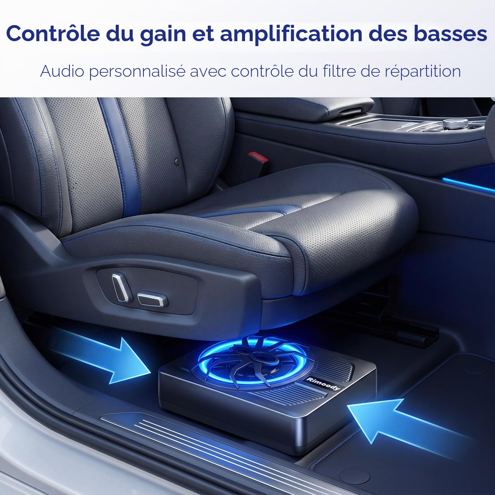 Rimoody Caisson de Basse pour Voiture, 10 Pouces, 1000W Max, 400W RMS, Profil Bas, Contrôle de Phase 0-180°, Boost de Basses 0-18dB, Installation sous Siège avec Éclairage d'ambiance LED Bleu