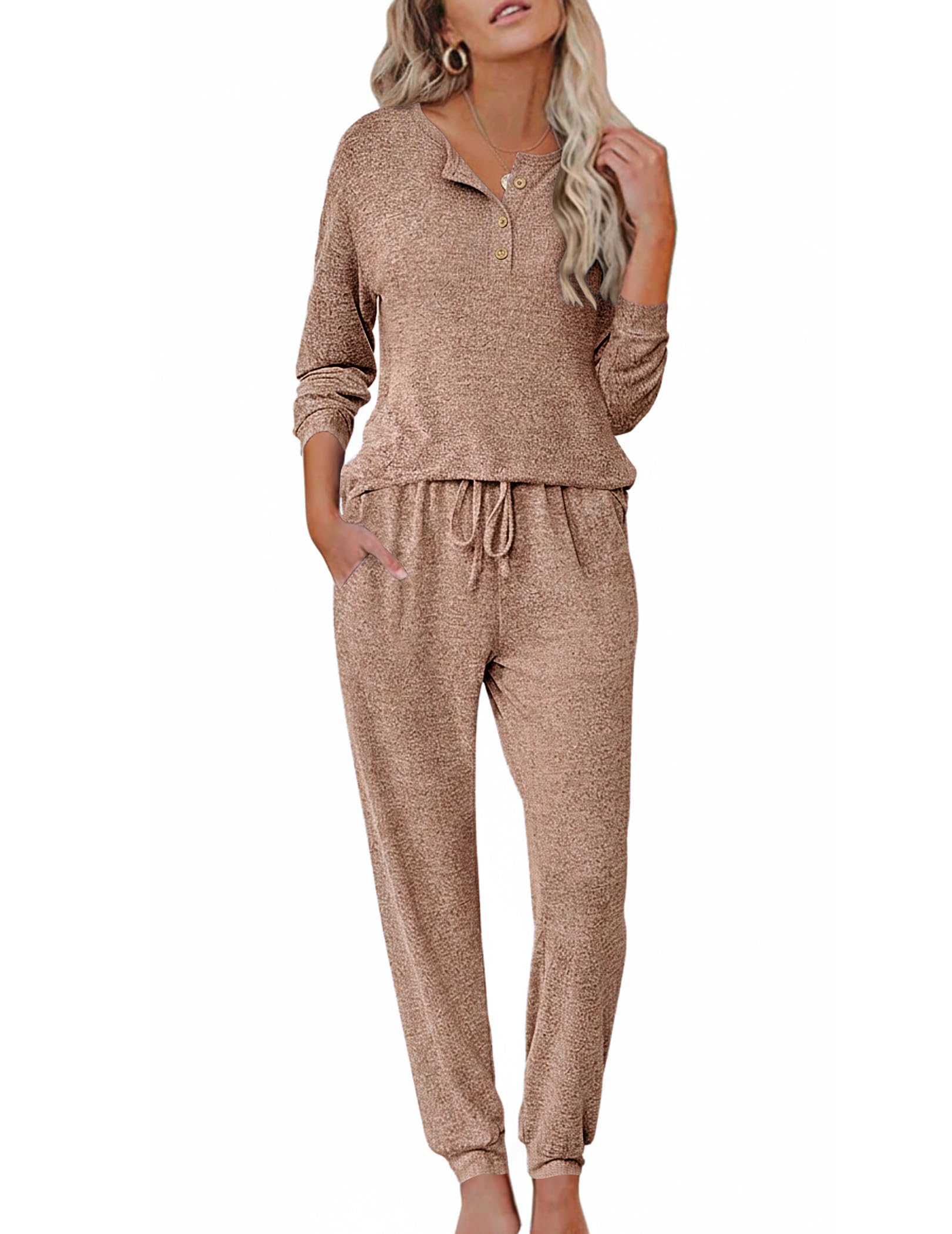 Womens Pajama Sets Long Sleeve Lounge Set 2 Piece Pj Sets for Women Henley Neck Casual Sleepwear Loungewear S-XXL
