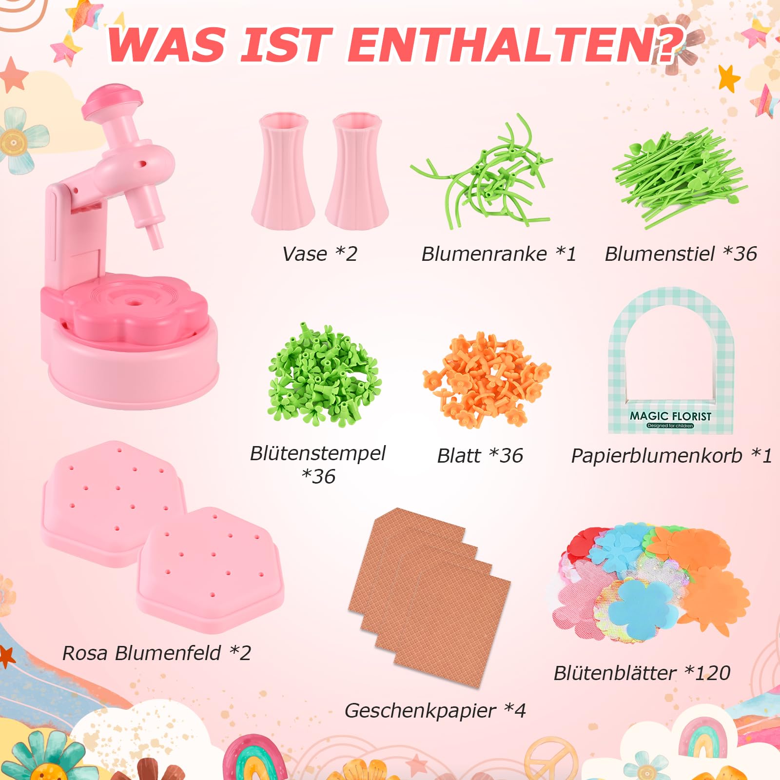 Herboom DIY Blumen Bastelset Kinder, Blumenpresse Bastelset Mädchen 4 5 6 7 8 Jahre Gepresste Blumen zum Basteln, Blumenstrauß Geschenke Kreatives Geschenk für Mädchen ab 4 Jahre