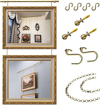 Picture Rail Hanging System, Brass Picture Hanging Wire Kit, Gallery System, Brass Picture Hanging Wire Kit, Heavy-Duty Artwork Frame Rod, Home Decor Museum Artwork Suspension60cm