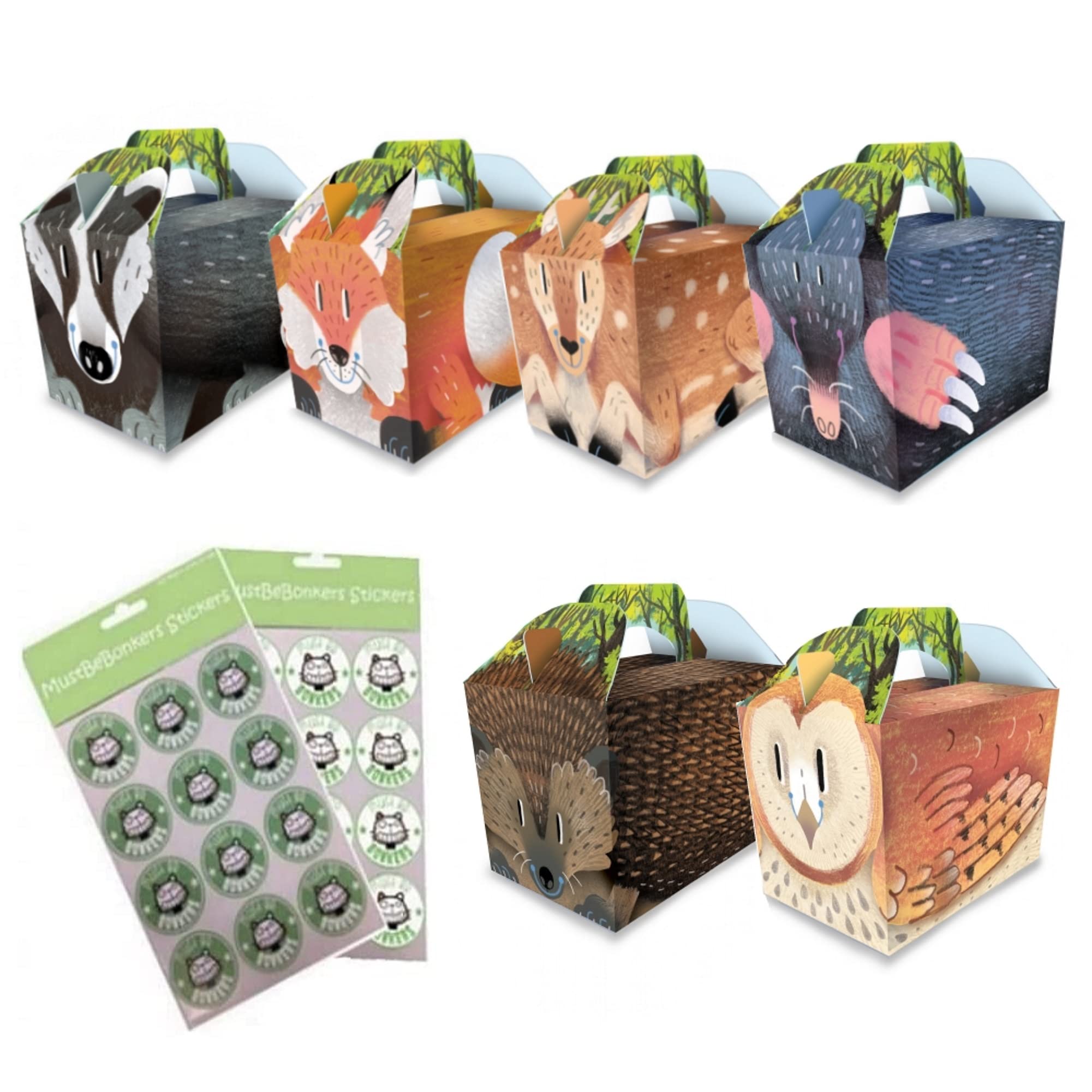 MustBeBonkers Woodland Animals Birthday Party Food Boxes - Childrens Birthday Party Picnic Loot Bag Plate Box Sticker Seals (10 Boxes)