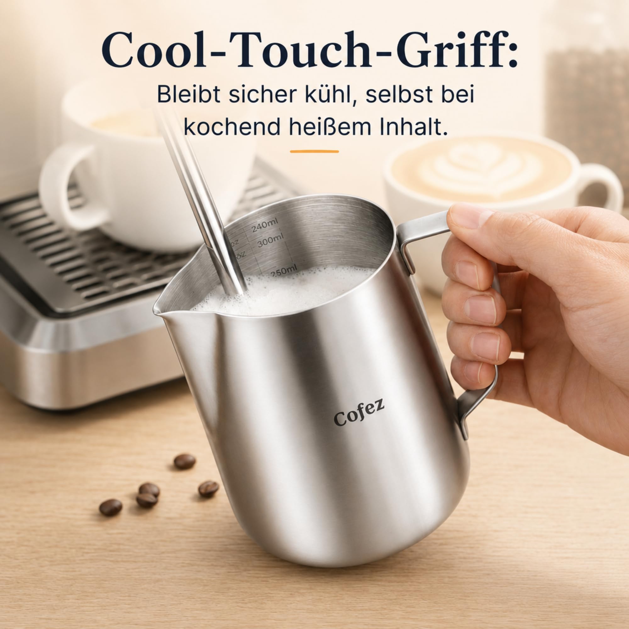 Milchkännchen Edelstahl 350ml mit skala - barista kanne für Latte Art - Hochwertige Milchkanne als Kaffee Zubehör - Perfekt zum Milchaufschäumen - Aufschäumkännchen zum Milch aufschäumen (Silber)