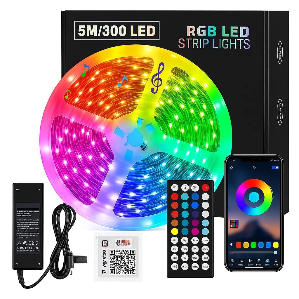 Nexillumi LED Strip Lights 5M | Waterproof 300 LEDs Color Changing Lights | Bluetooth & 42-Key IR Remote | RGB LED Strip with 16 Million Colors | Music Sync & App Control | Bedroom, Home, Party Decor