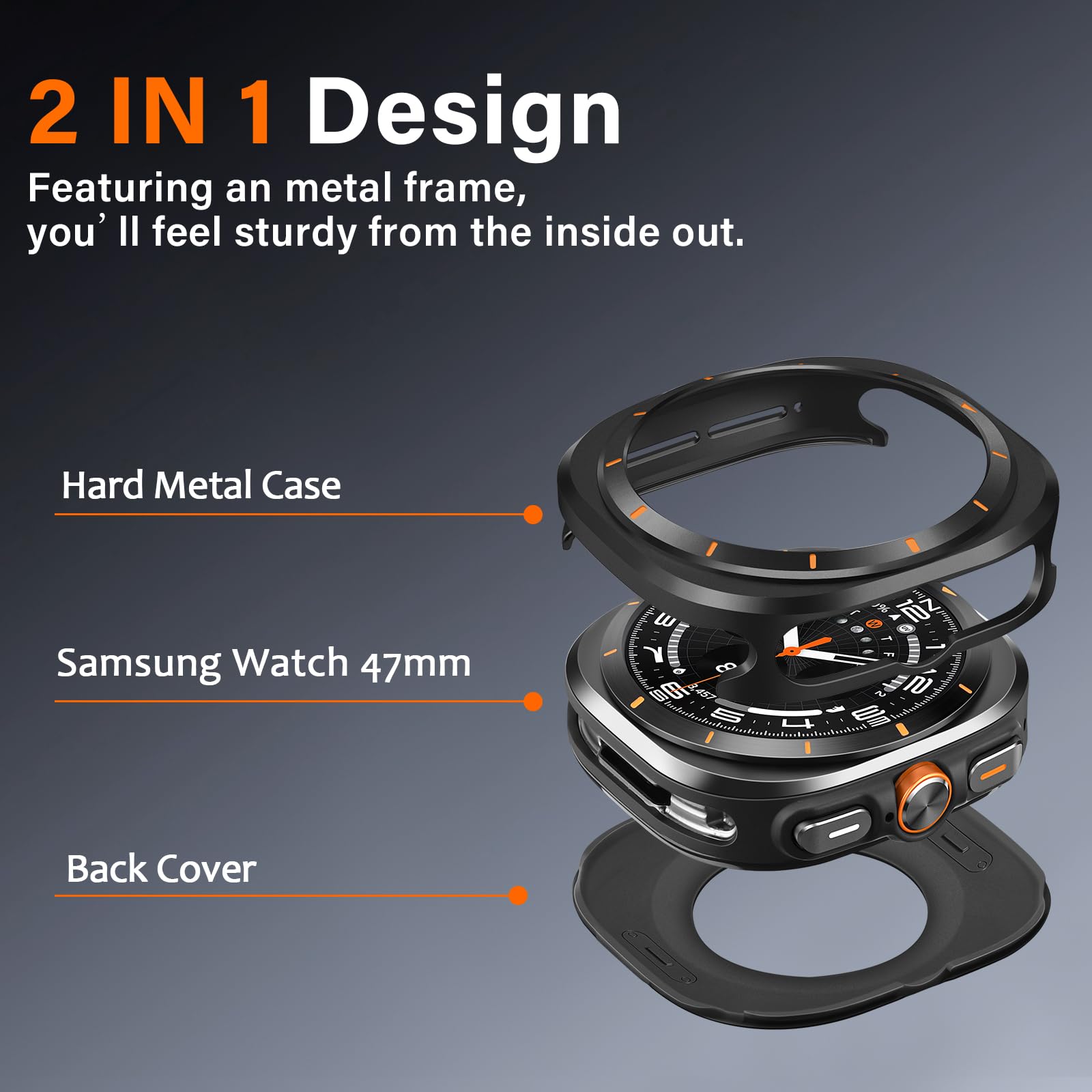 Amizee 2 w 1 Metaliczne etui kompatybilne z Samsung Galaxy Watch Ultra/Ultra 2 (2025) 47 mm, twardy PC odporny na zarysowania cienki ultra ochronny pokrowiec do Galaxy Watch 47 mm, Czarny/PO