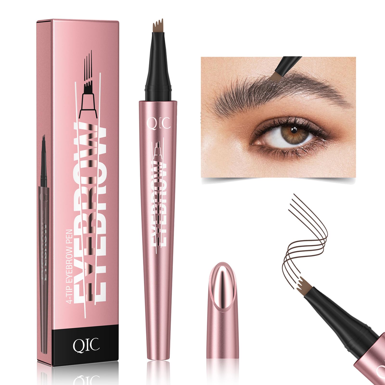 Lápiz de cejas Microblading impermeable 3D, 4 puntas de microtenedor para efecto similar al cabello, bolígrafo mágico de tinte de cejas para maquillaje de cejas de aspecto natural, fácil de usar, a