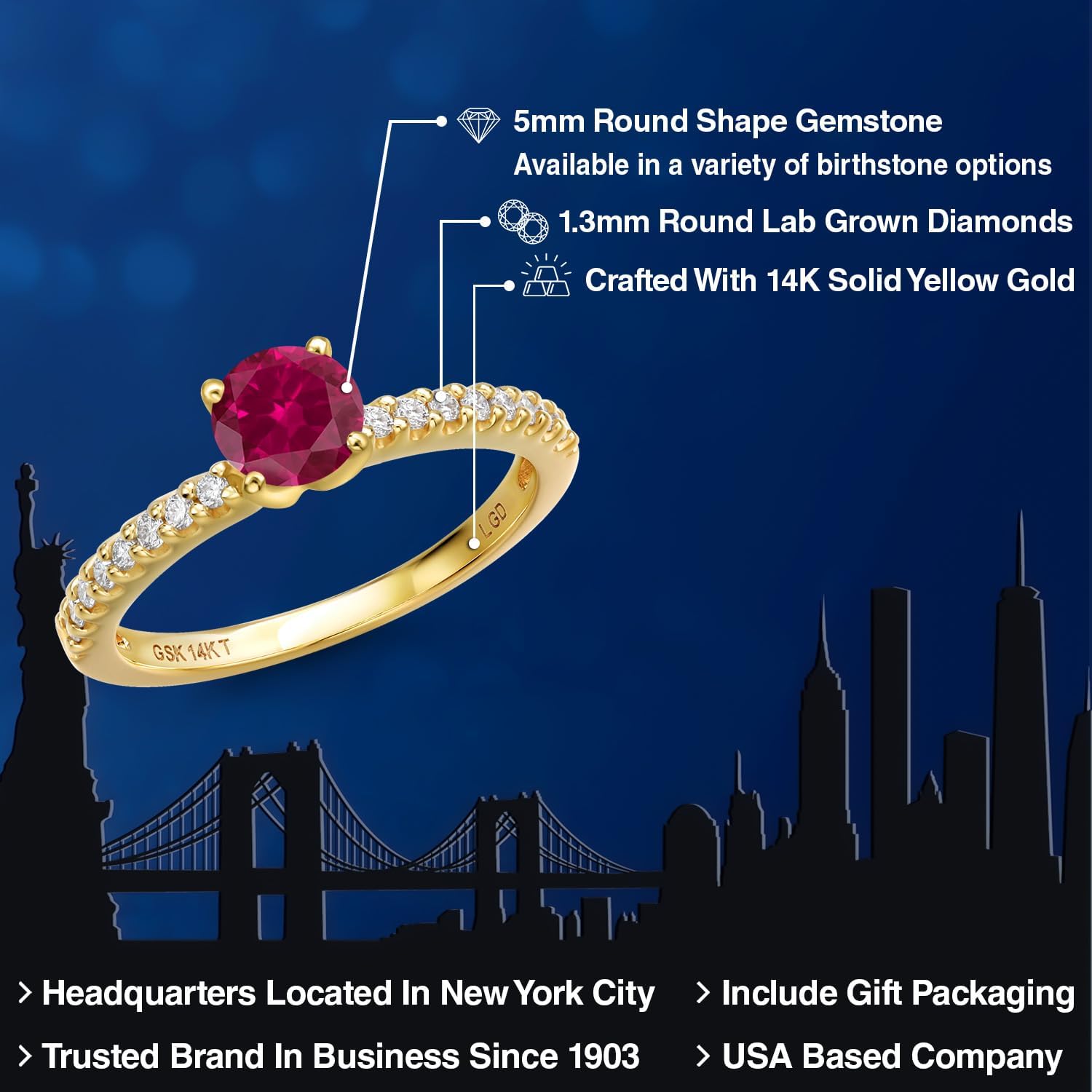 Gem Stone King 14K Yellow Gold Red Created Ruby and Lab Grown Diamond Engagement Ring For Women | 0.76 Cttw | Round 5MM | Gemstone July Birthstone - Image 2