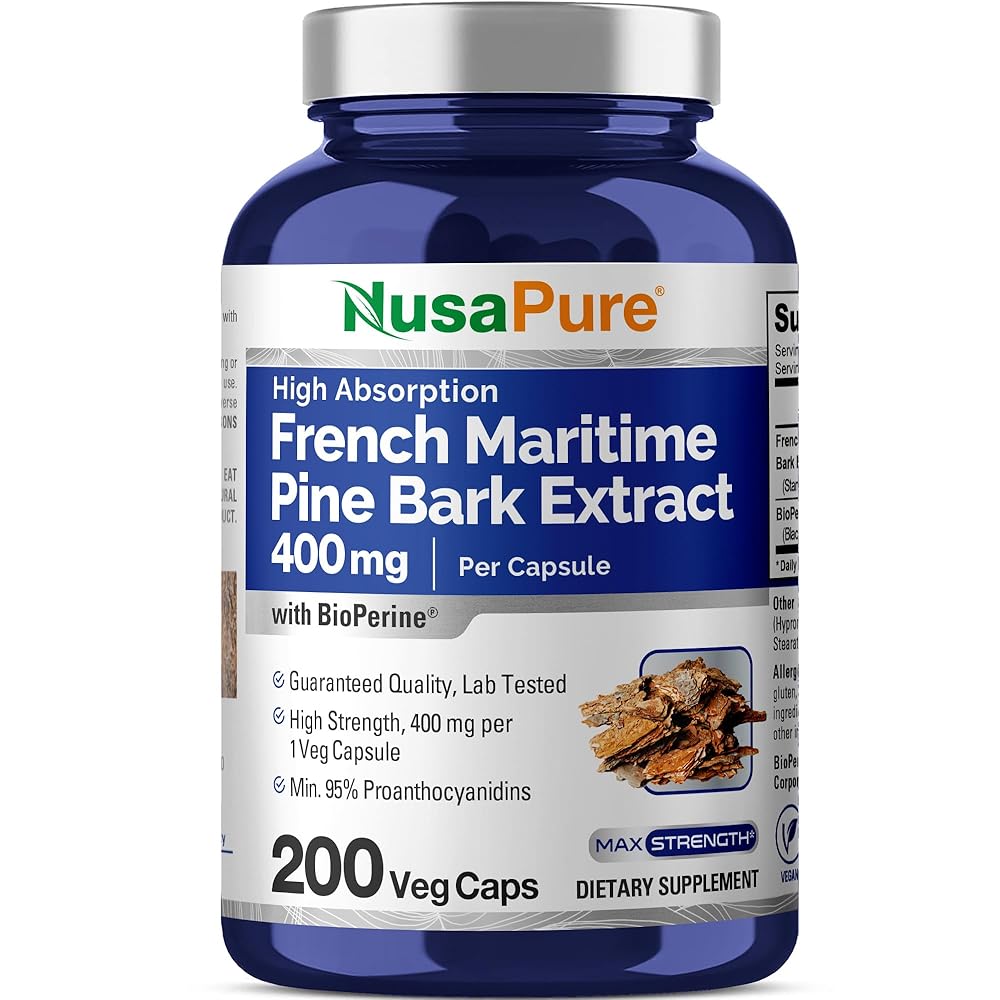 NusaPure French Maritime Pine Bark Extract 400mg per Veggie Caps 200-Day Supply Bioperine Non-GMO Vegan