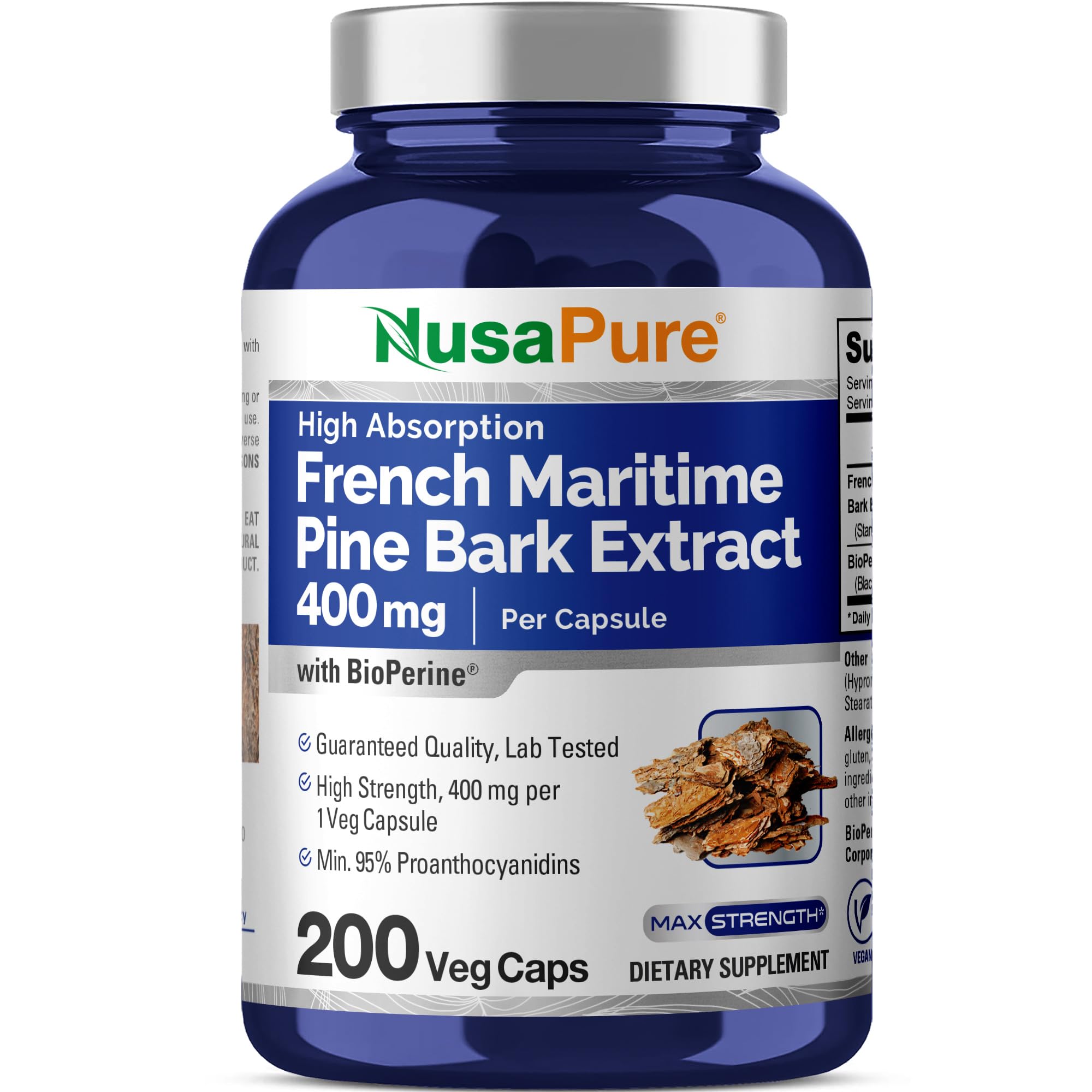 NusaPureFrench Maritime Pine Bark Extract 400mg per Veggie Caps 200-Day Supply Bioperine Non-GMO Vegan