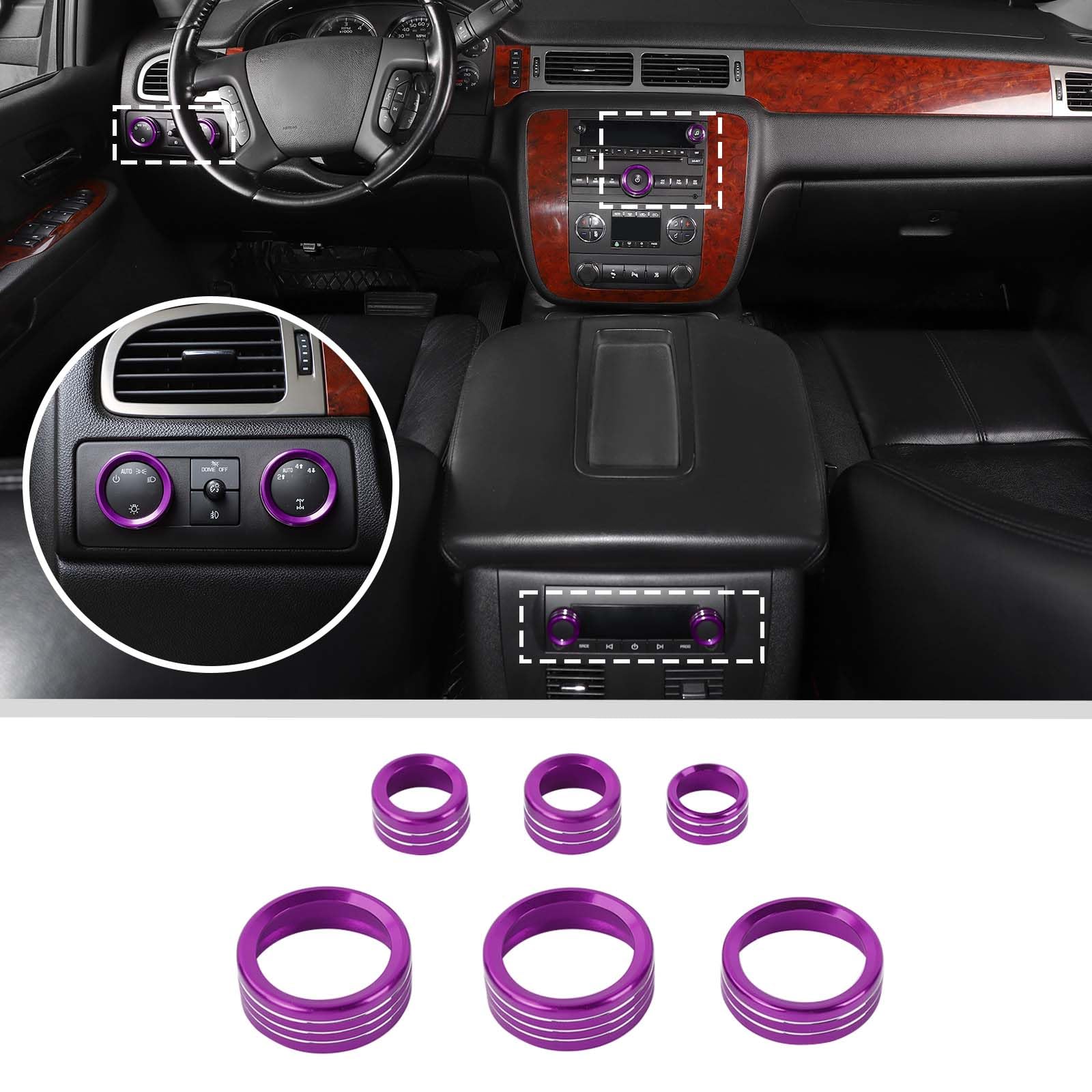 JWWY Center Console HVAC Dashboard Climate Control Knob Light Radio Switch Button Knob Cover Fit for 2007-2013 Chevy Silverado,Suburban,Avalanche,Tahoe, GMC Yukon Aluminum Alloy 6PCS Purple