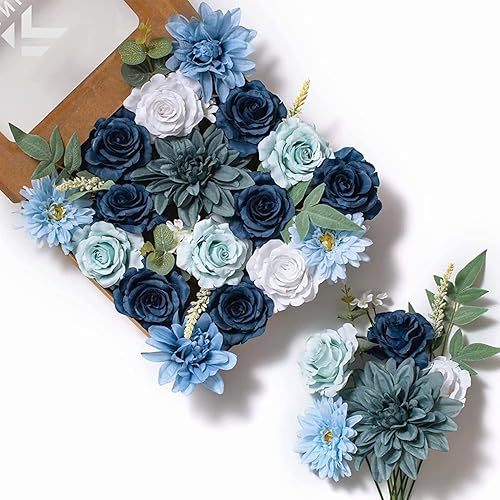 FANKO Flores artificiales de dalia azul polvoriento, combo de flores para bricolaje, ramos de boda, centros de mesa, arreglos de fiesta, baby