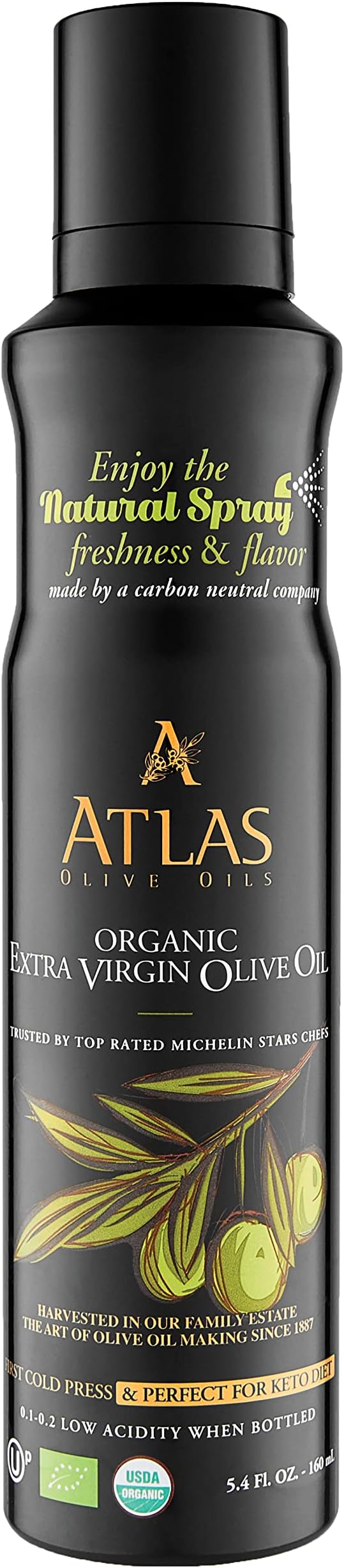 Organic Extra Virgin Olive Oil Spray, Polyphenol Rich Moroccan Oil, Cooking Spray Non Stick, Cold Pressed EVOO Oil, Hydroxytyrosol Keto Olive Oil, Kosher for Passover, 5.4 fl oz. Bottle