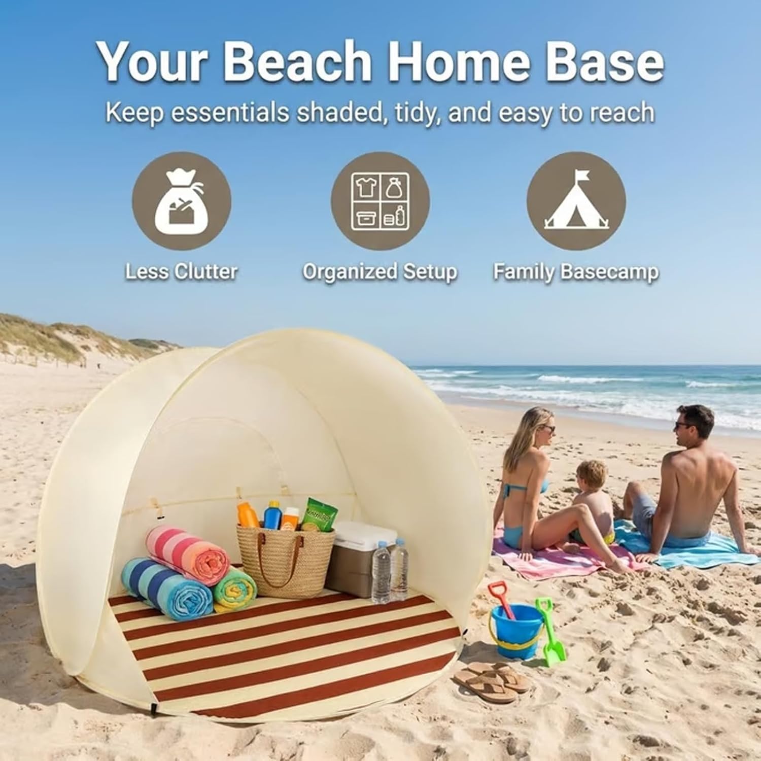 Abri de Plage Pop-Up Tente de Plage – Portable, spacieux, Pare-Soleil de Voyage, Protection UV 50 avec Sac de Transport, pour 2 à 3 Personnes (Plein air, Camping, Pique-Nique, Jardin)
