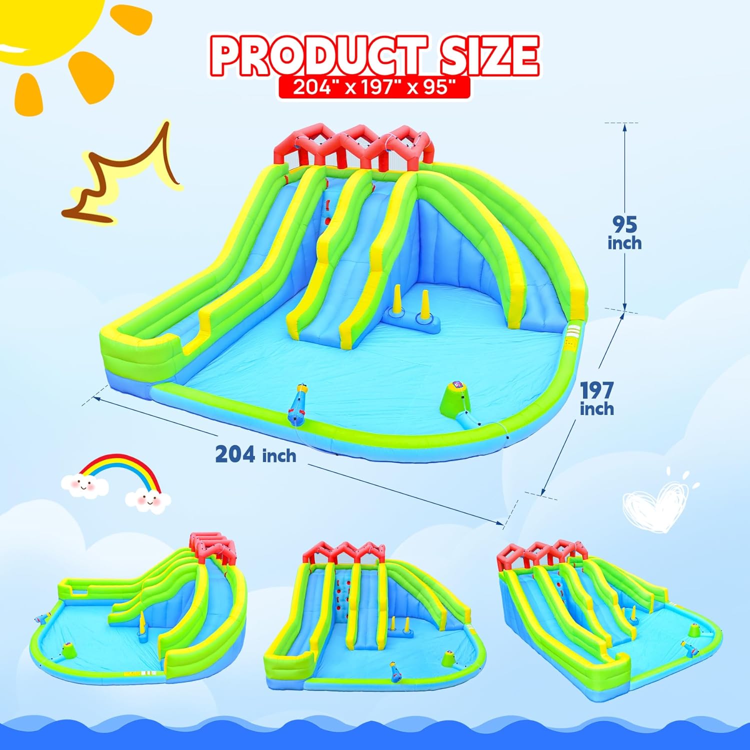 Mega Inflatable Water Slide, 17 Ft x 16.5 Ft Large Water Park, 3 Water Slides, Climbing Wall, Big Splash Pool, Water Gun, Ring Toss Game, Included Air Blower